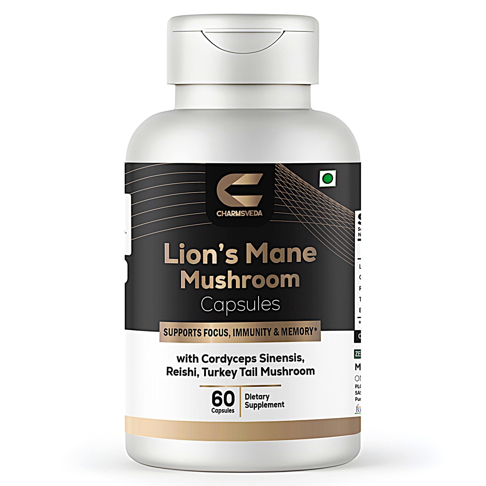 CHARMSVEDA Lion's Mane Mushroom Capsules with Cordyceps, Reishi & Turkey Tail – Mushroom Complex for Brain & Focus Support, Immune Support, Memory & Overall Wellness, 60 Capsules