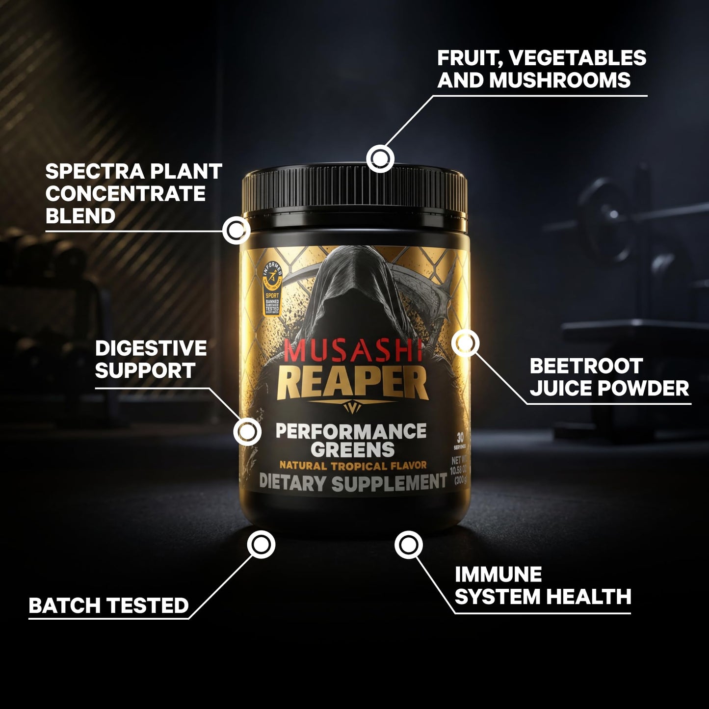 Musashi Reaper Performance Greens Powder Tropical 10.58 oz