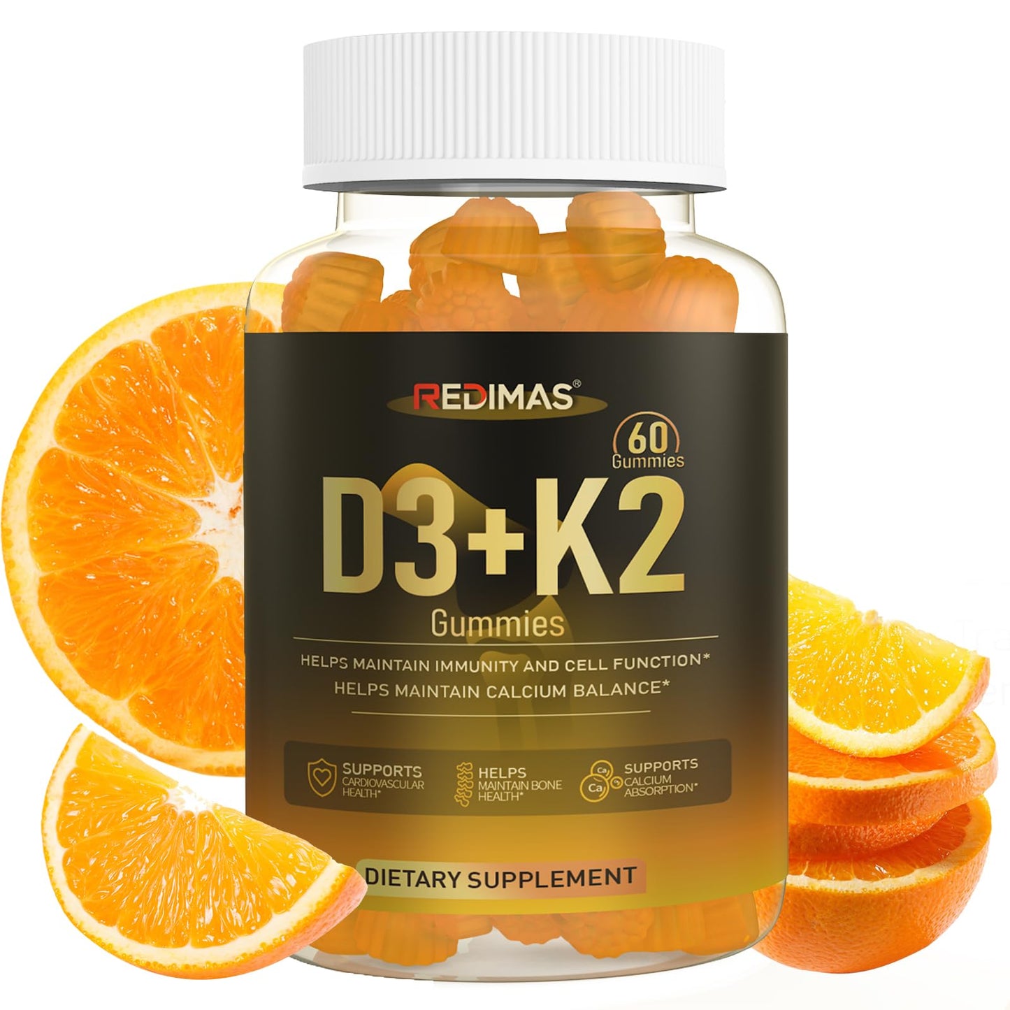 Redimas Calcium Gummies with Vitamin D3, K2 and Vitamin E, Chewable Calcium and Magnesium Supplement with Multi-Vitamin Complex, 60 Gummies