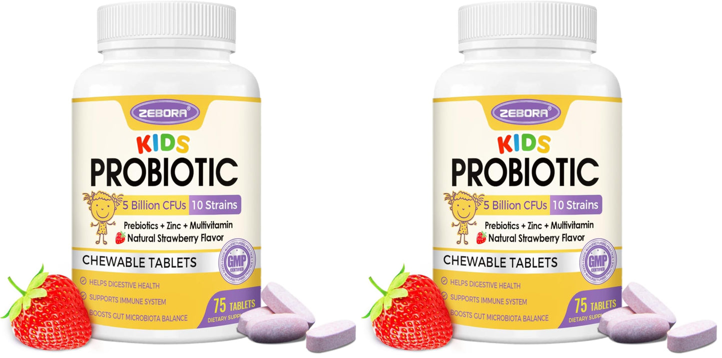 ZEBORA Kids Probiotic Chewables for Digestive Health with 5 Billion CFUs, Prebiotics and Probiotics for Gut Health, Immune Support, Vitamin C, Zinc, 150 Chewables