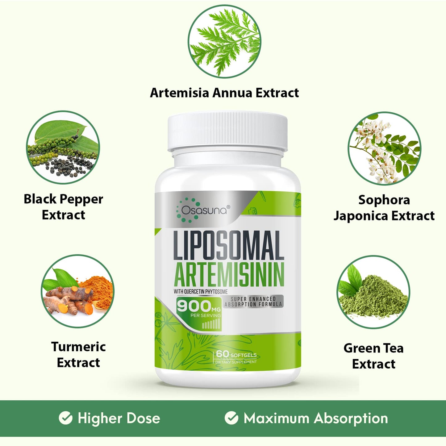 Osasuna Liposomal Artemisinin 900 mg with Quercetin Phytosome 200 mg from Sweet Wormwood Extract (Artemisia annua), Softgels 120
