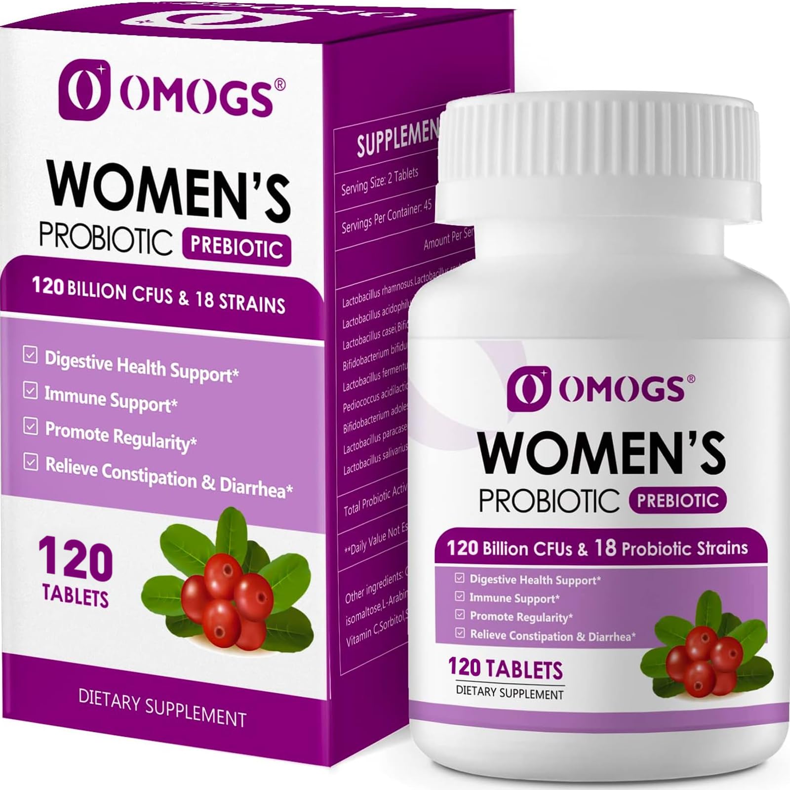 OMOGS Women's Probiotic with Cranberry Extract, Organic Prebiotics & Vitamin C, 120 Billion CFUs, 18 Strains, 90 Tablets