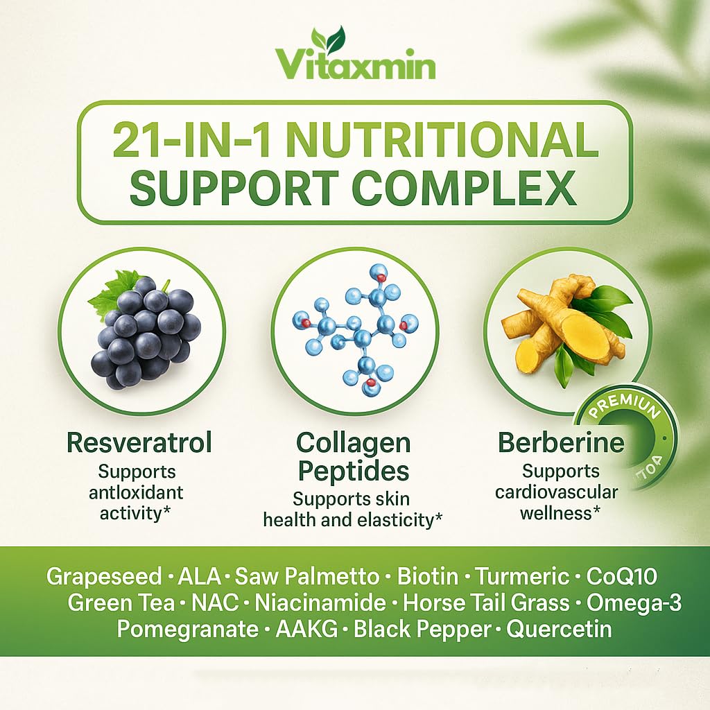 vitaxmin NAD Resveratrol Supplement 200mg with Berberine NAC Collagen - Nicotinamide Riboside NMN NADH CoQ10 Biotin Hyaluronic Acid - Hair Skin Nails Supplement 60 Capsules