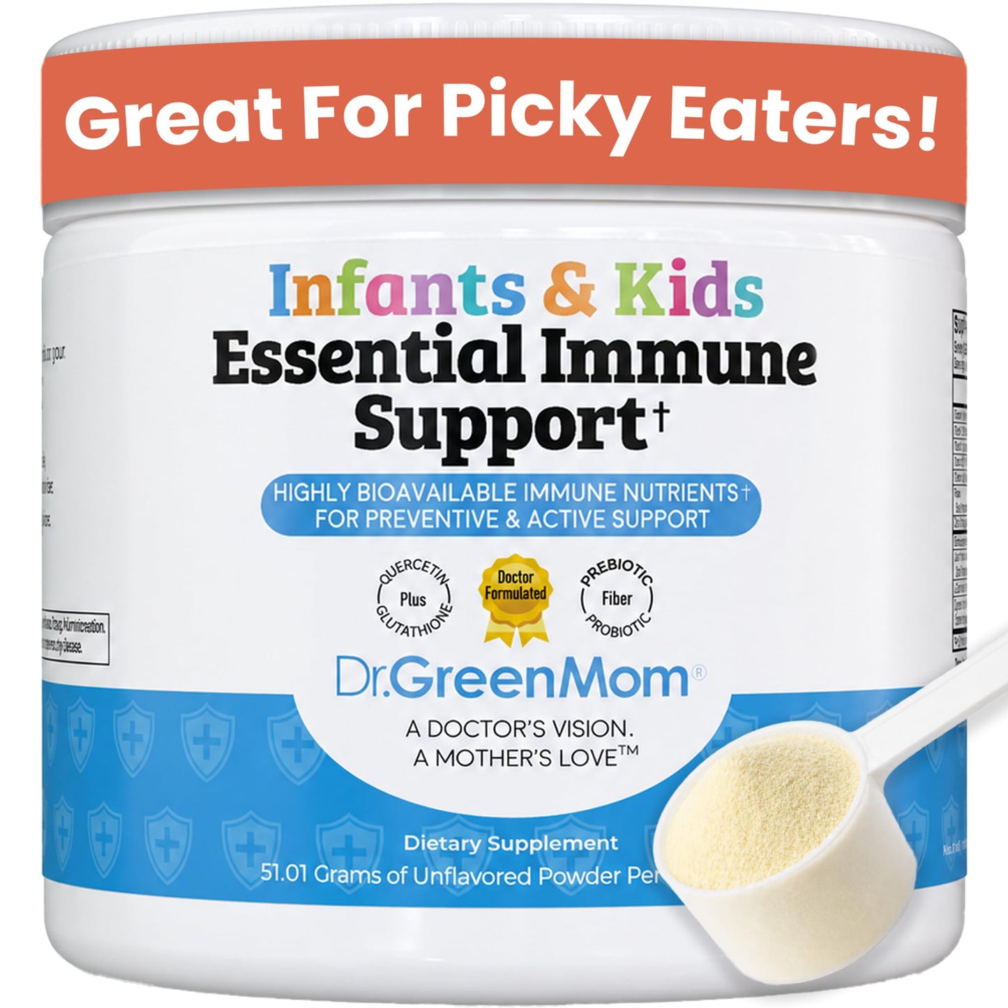 Dr. Green Mom Essential Immune Support for Kids Multivitamin with Probiotic, Zinc, Vitamin C, D3 & Quercetin Powder 1.79 oz
