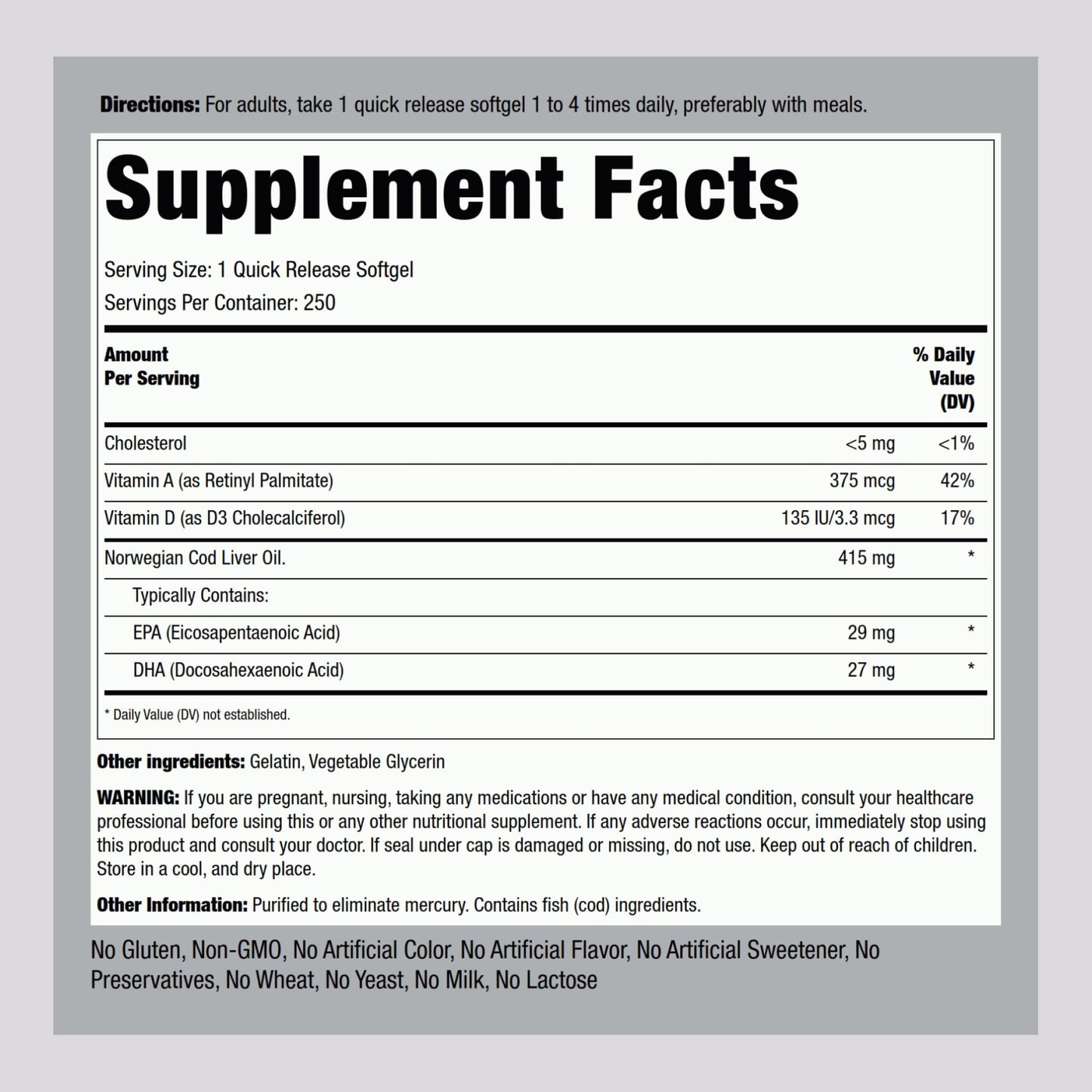 Piping Rock Cod Liver Oil Softgels 250