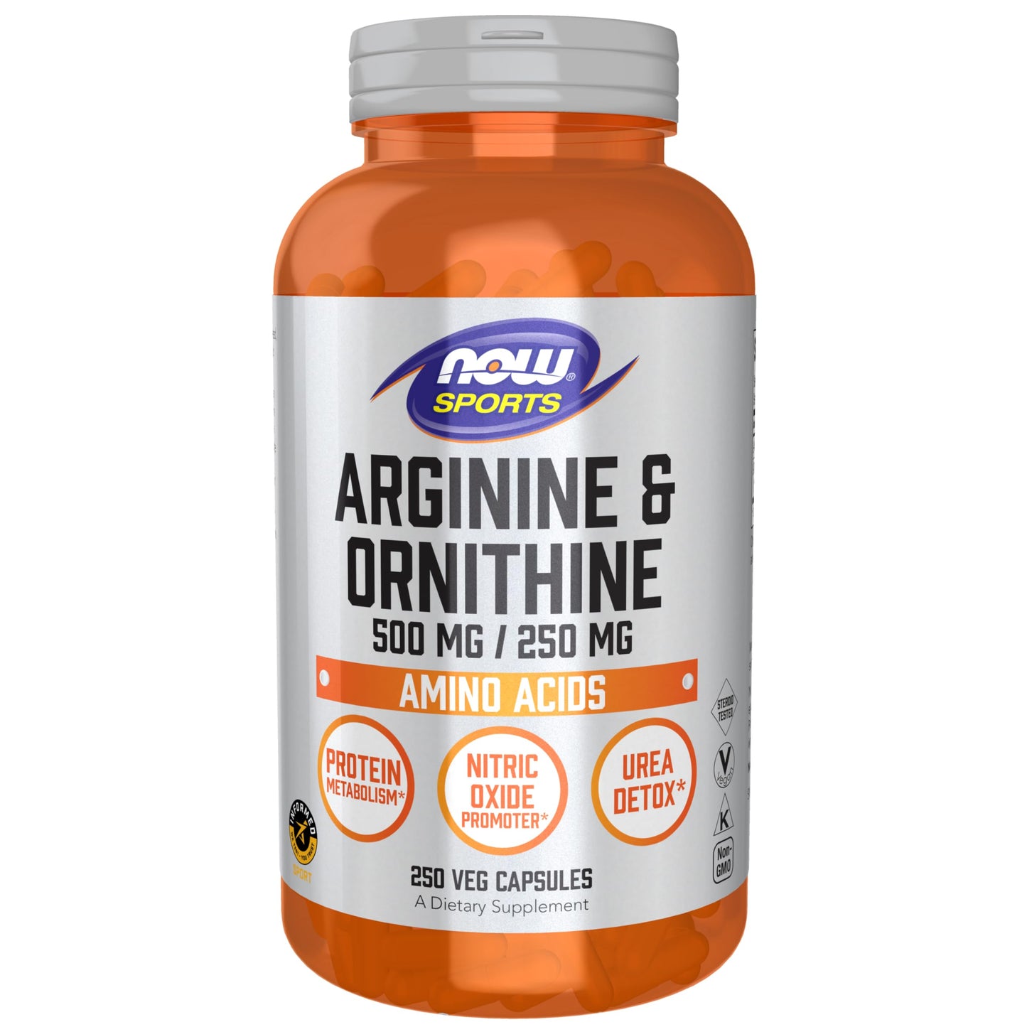 NOW Foods Arginine & Ornithine 500/250 mg Veg Capsules, 250 Count