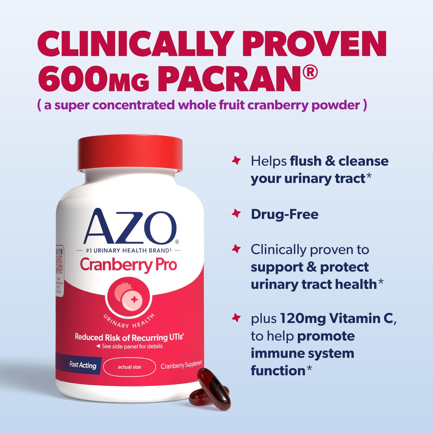 AZO Cranberry Pro Urinary Tract Health Supplement 600mg PACRAN Softgels 200