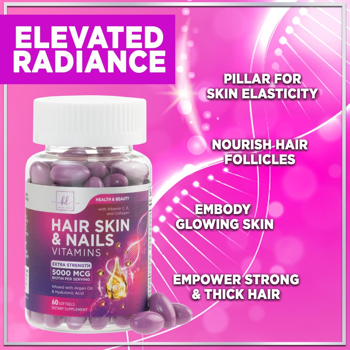 Hello Lovely! Hair Growth Vitamins for Women - Argan-Infused with Collagen, Biotin & Hyaluronic Acid - Supports Hair, Skin & Nails - Softgels 60 Count