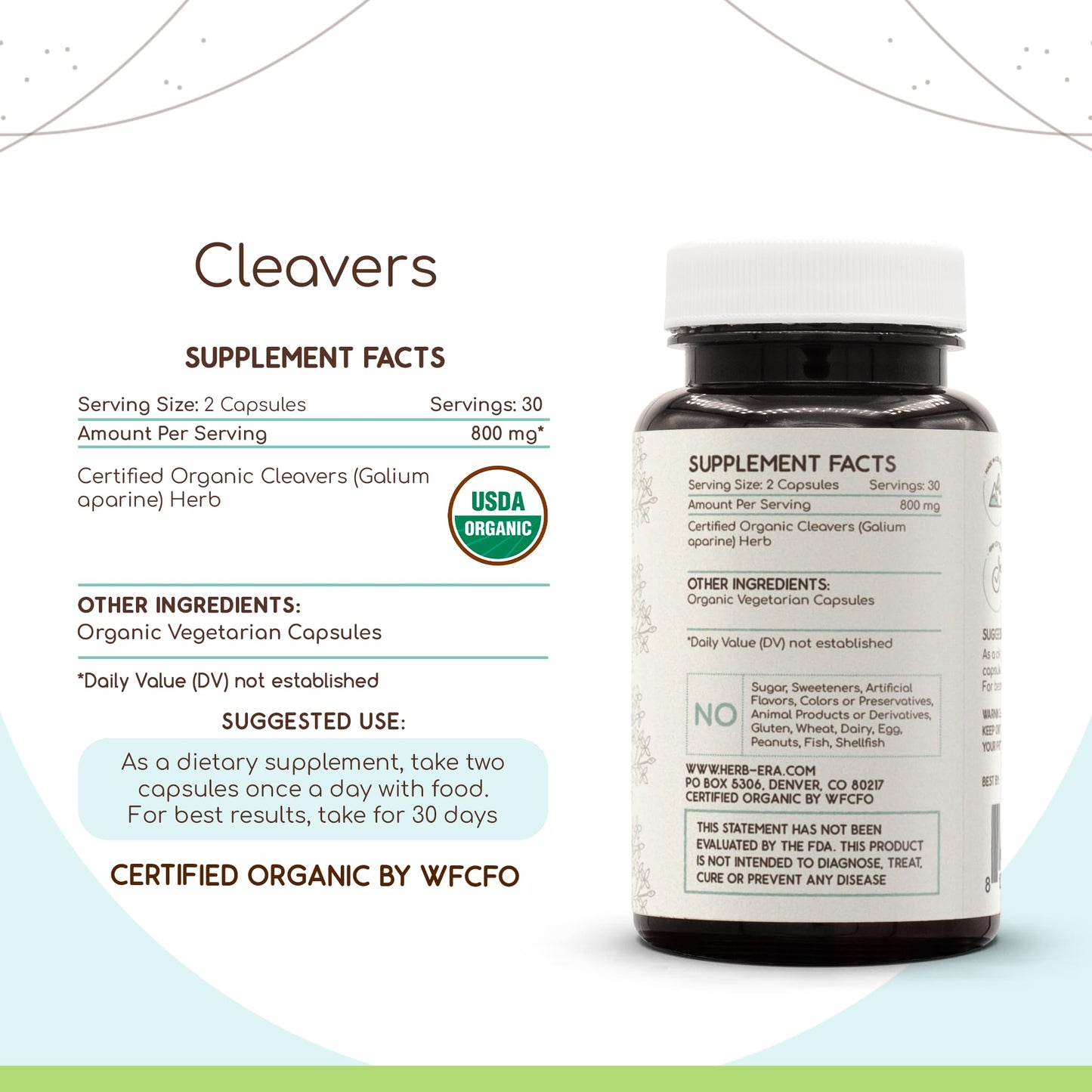 HerbEra Cleavers USDA Organic Capsules, 60 Count