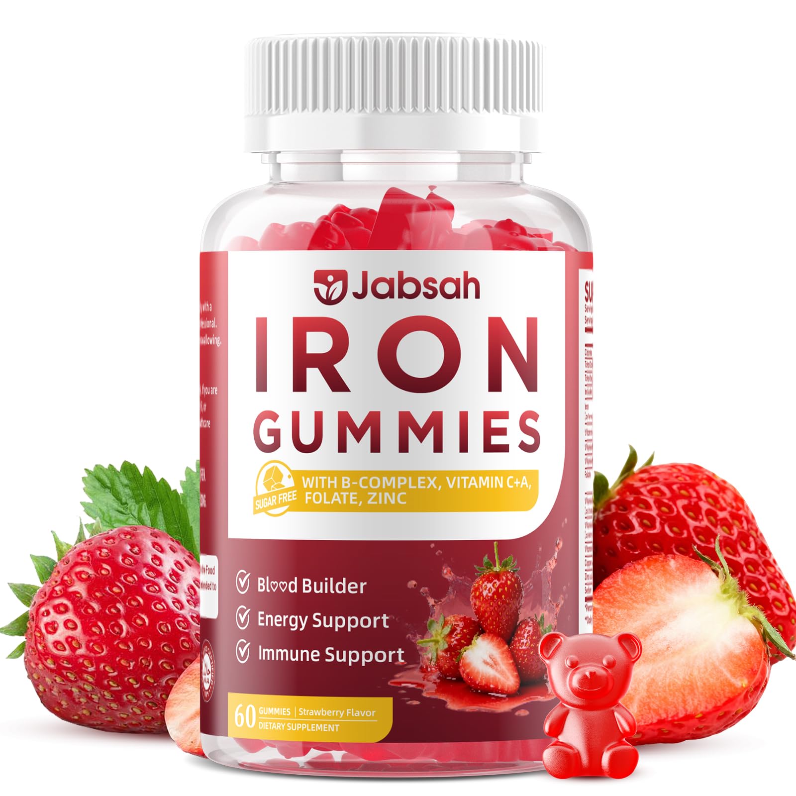 Jabsah Vegan Iron Gummies for Adults & Kids - Iron Mineral Supplement with B-Complex, Vitamin C, Vitamin A, Folate - Strawberry Flavor, 60 Gummies