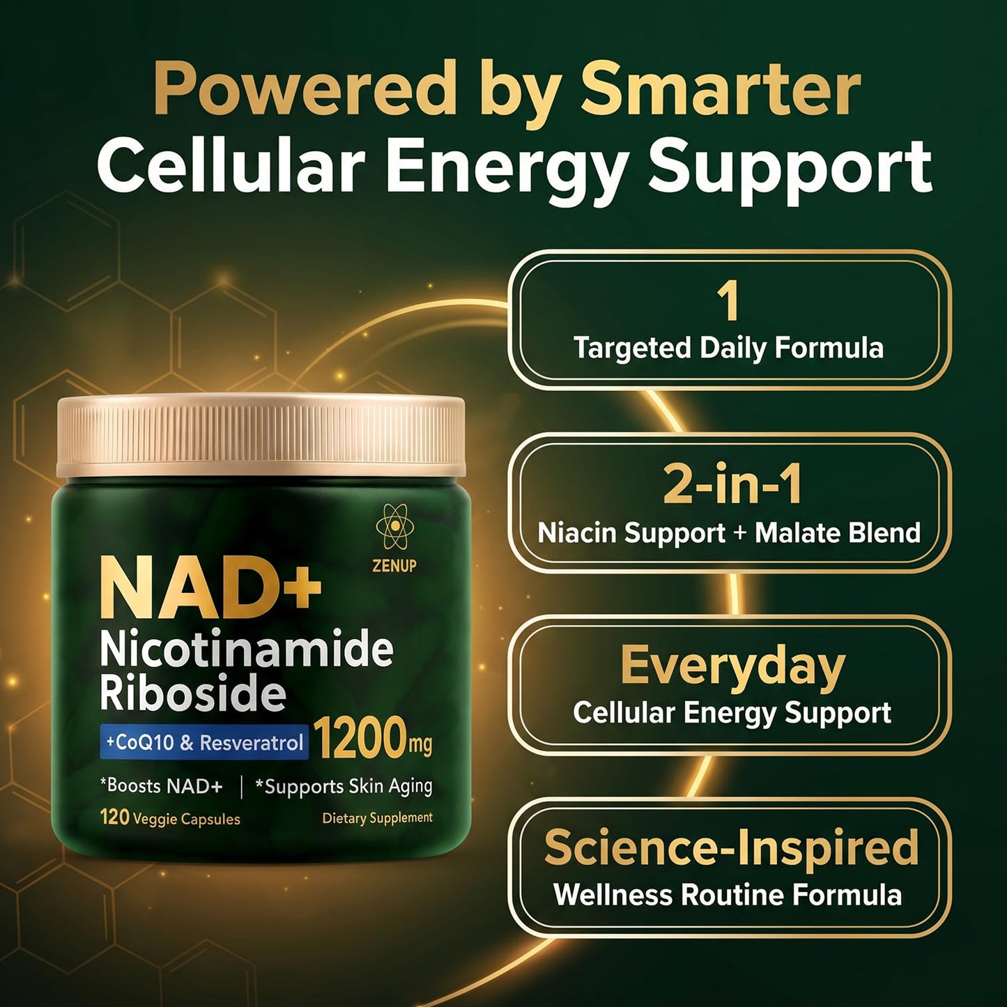 ZenUP NAD+ Nicotinamide Riboside Malate with CoQ10, Trans-Resveratrol & Quercetin Capsules, 120 Capsules