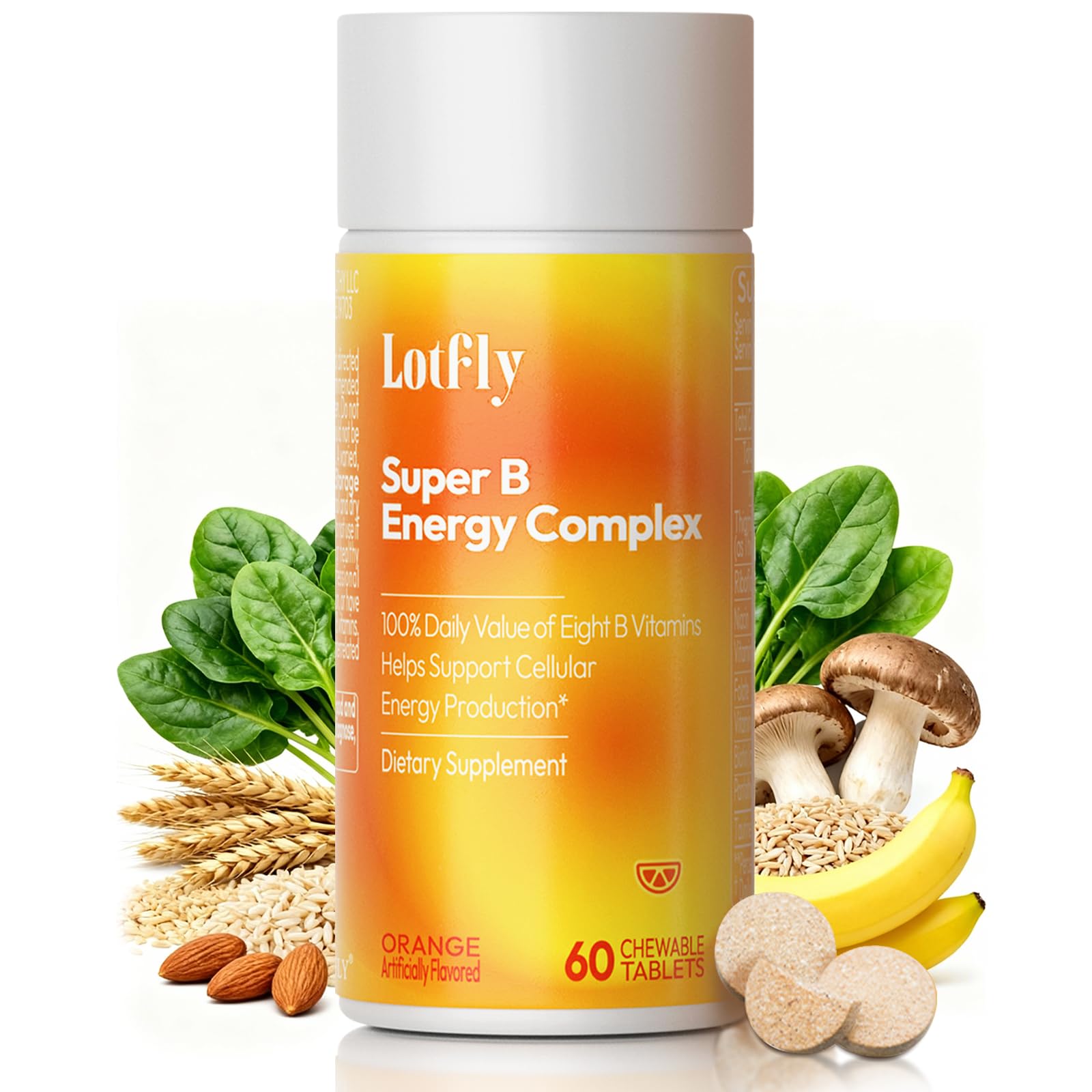 LOTFLY Vitamin B Complex with B1, B2, B3, B5, B6, B7, B9, B12 Taurine–Immune Support, Energy Metabolism and Nervous System – Super B Complex with Blood Orange Powder – 60 Capsules