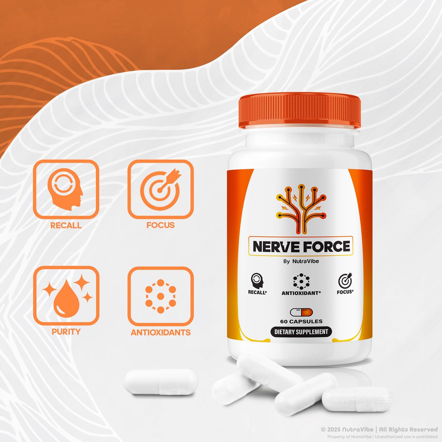 NutraVibe Nerve Force – Premium Neuropathy Blend for Brain, Nerves & Concentration | NerveForce Capsules for Memory, Focus & Clarity | Easy-to-Take for Daily Support, 180 Capsules