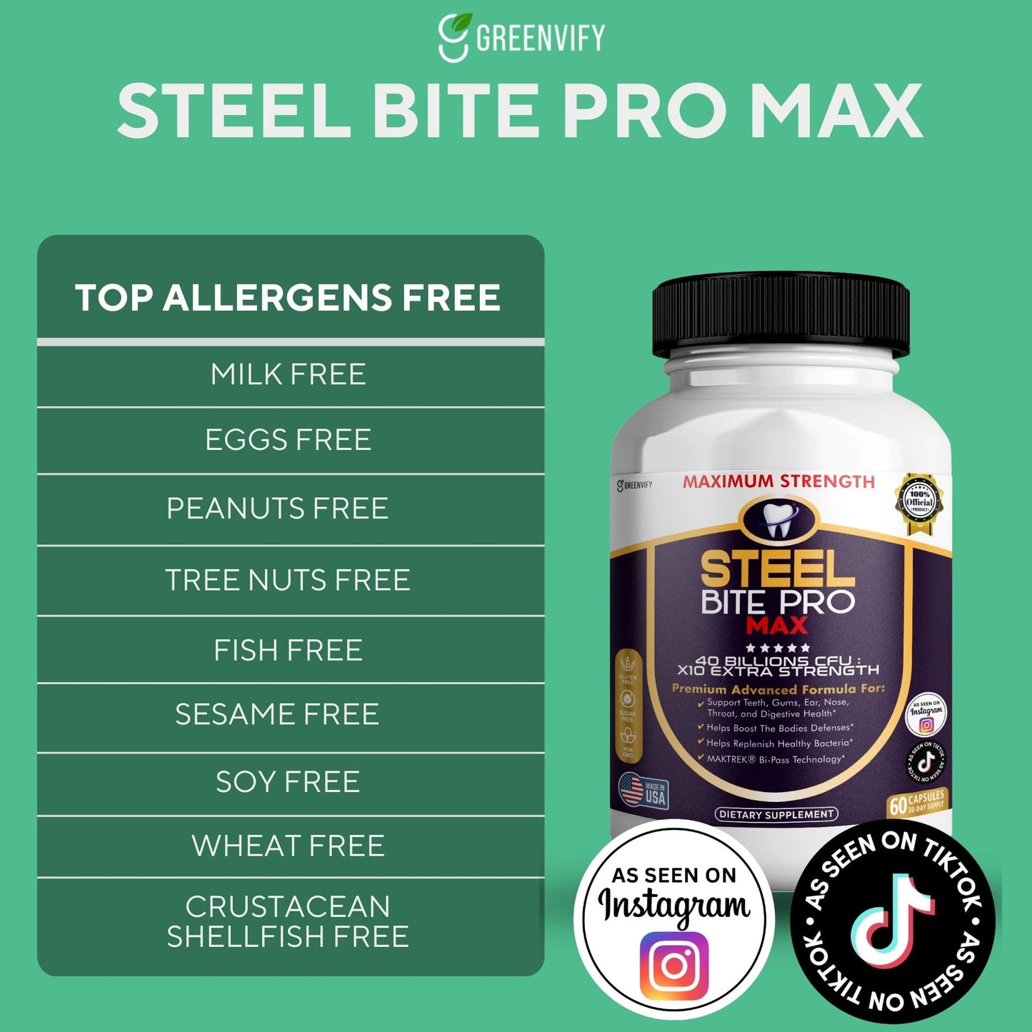 GREENVIFY Steel Bite Pro Max Probiotic Supplement, 40 Billion CFU, 180 Capsules