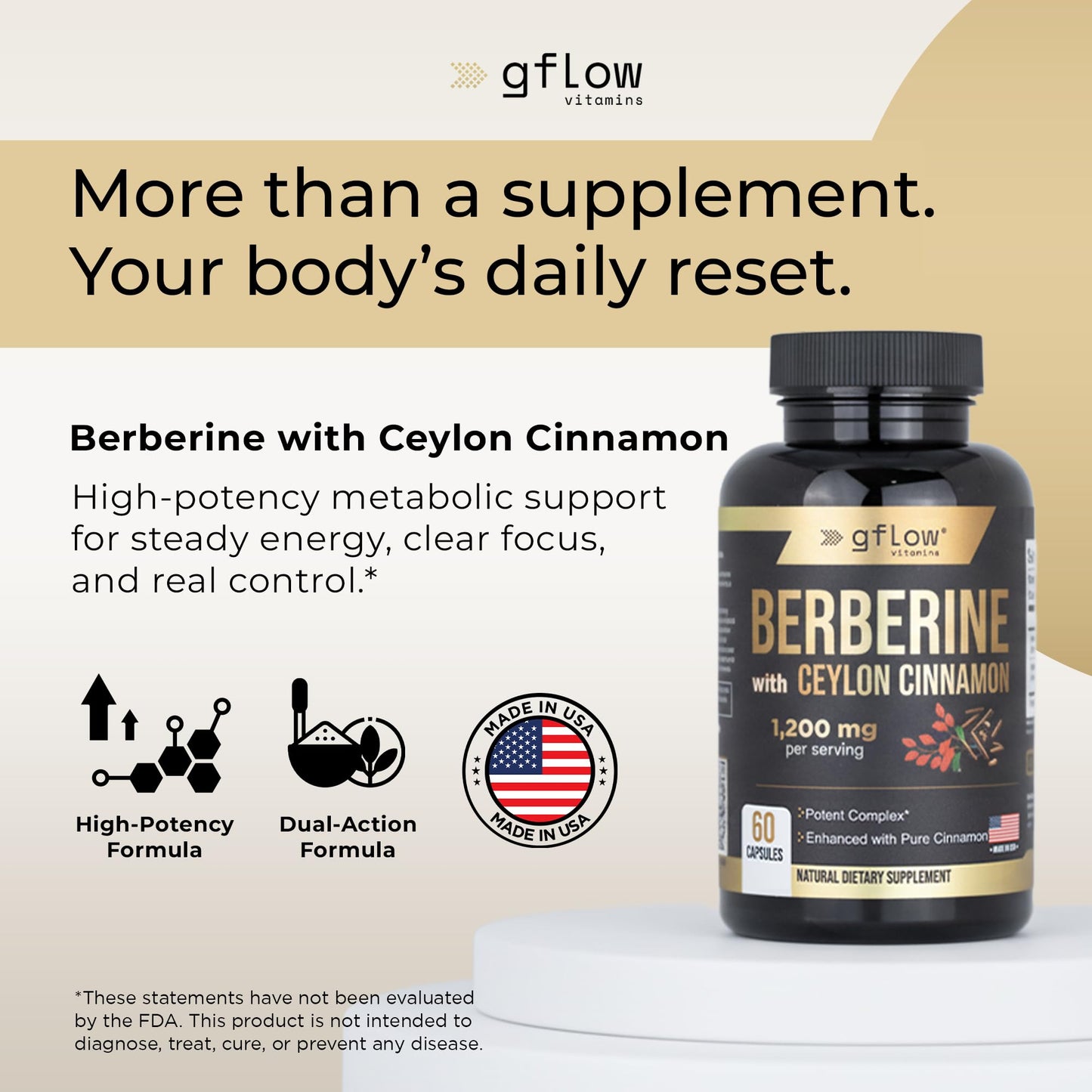 GFlow Vitamins Berberine HCL 1200 mg Capsules, 60 Count