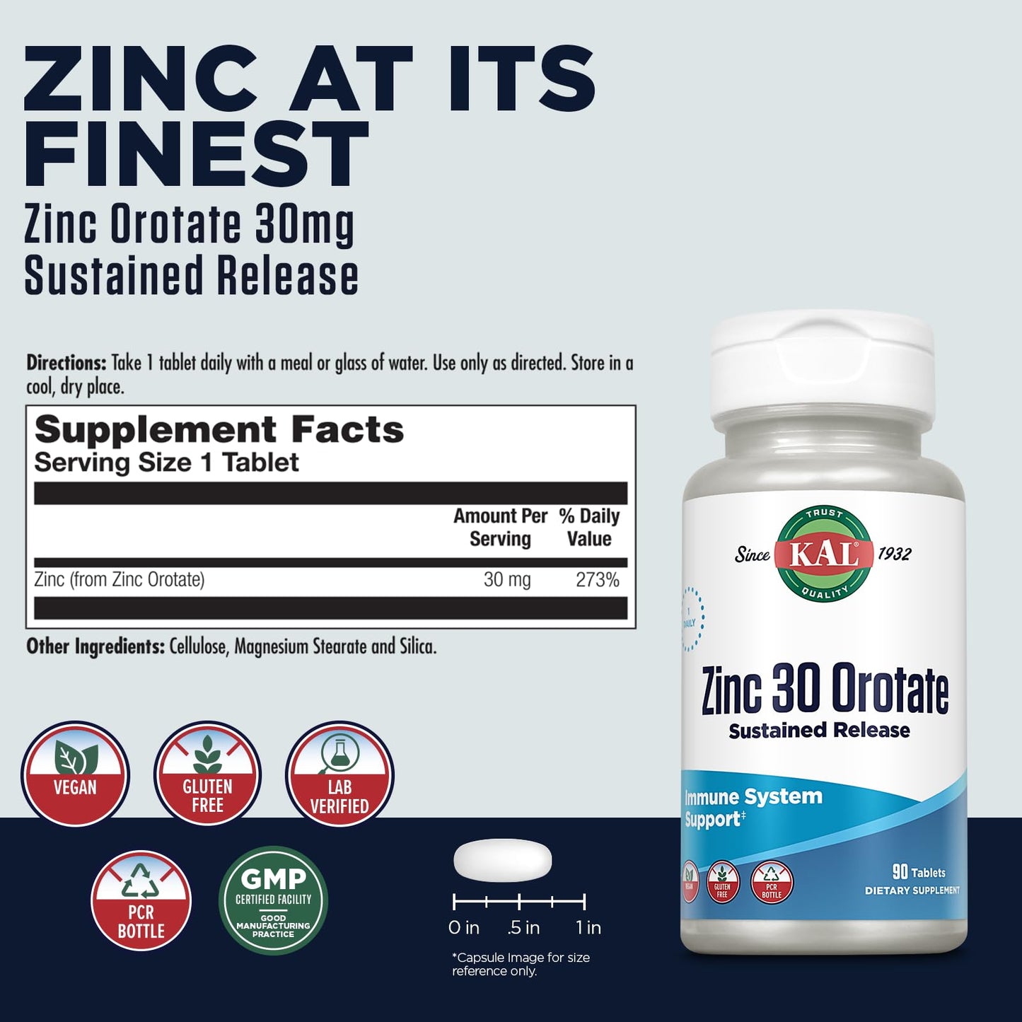 KAL Zinc Orotate 30mg, Sustained Release, Chelated Zinc Tablets, 90 Tablets