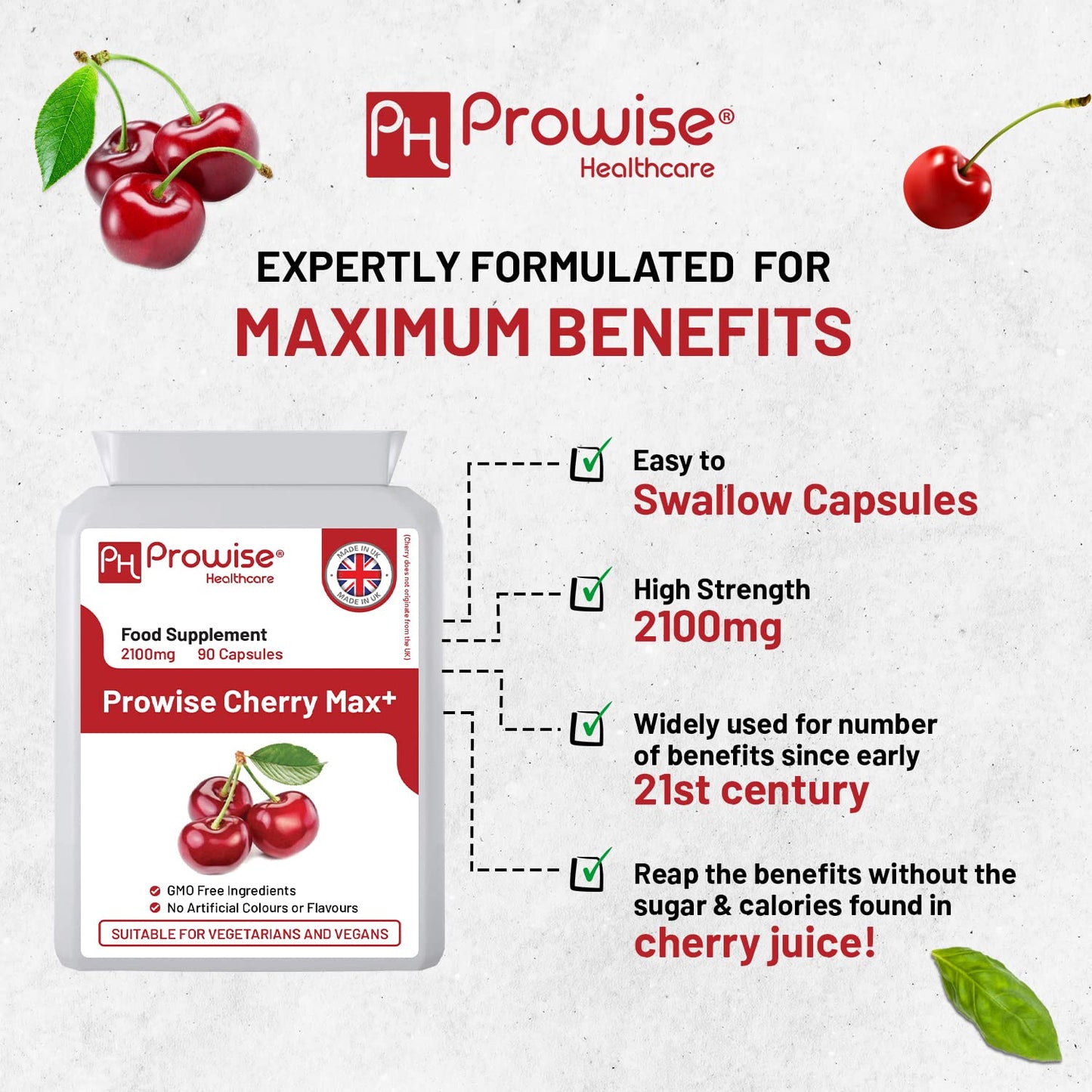 PH PROWISE Healthcare Cherry Max+ Montmorency Cherry 2100mg with Black Cherry Vegan Capsules, 90 Capsules