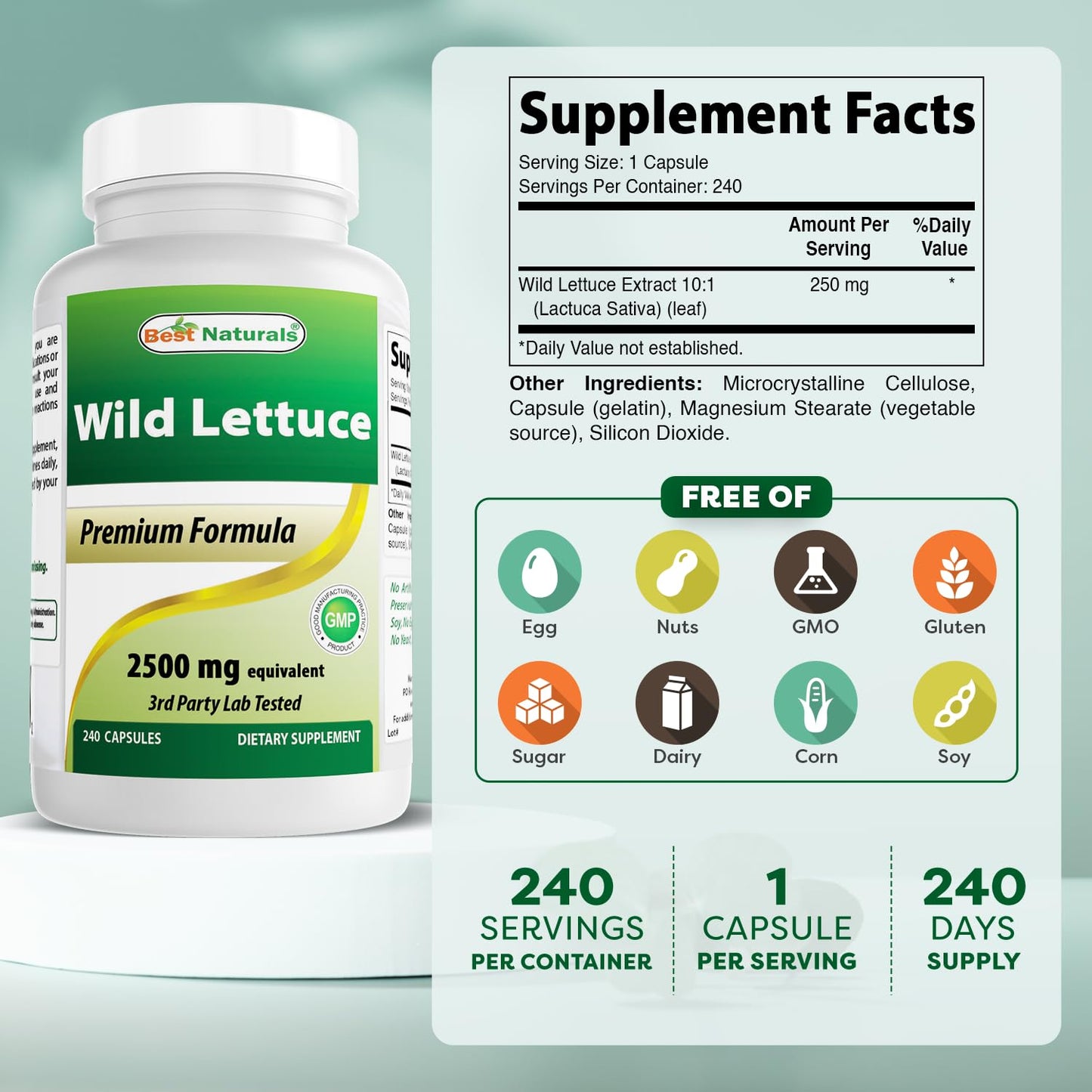 Best Naturals Wild Lettuce 10:1 Extract 250 mg Capsules 240 Count