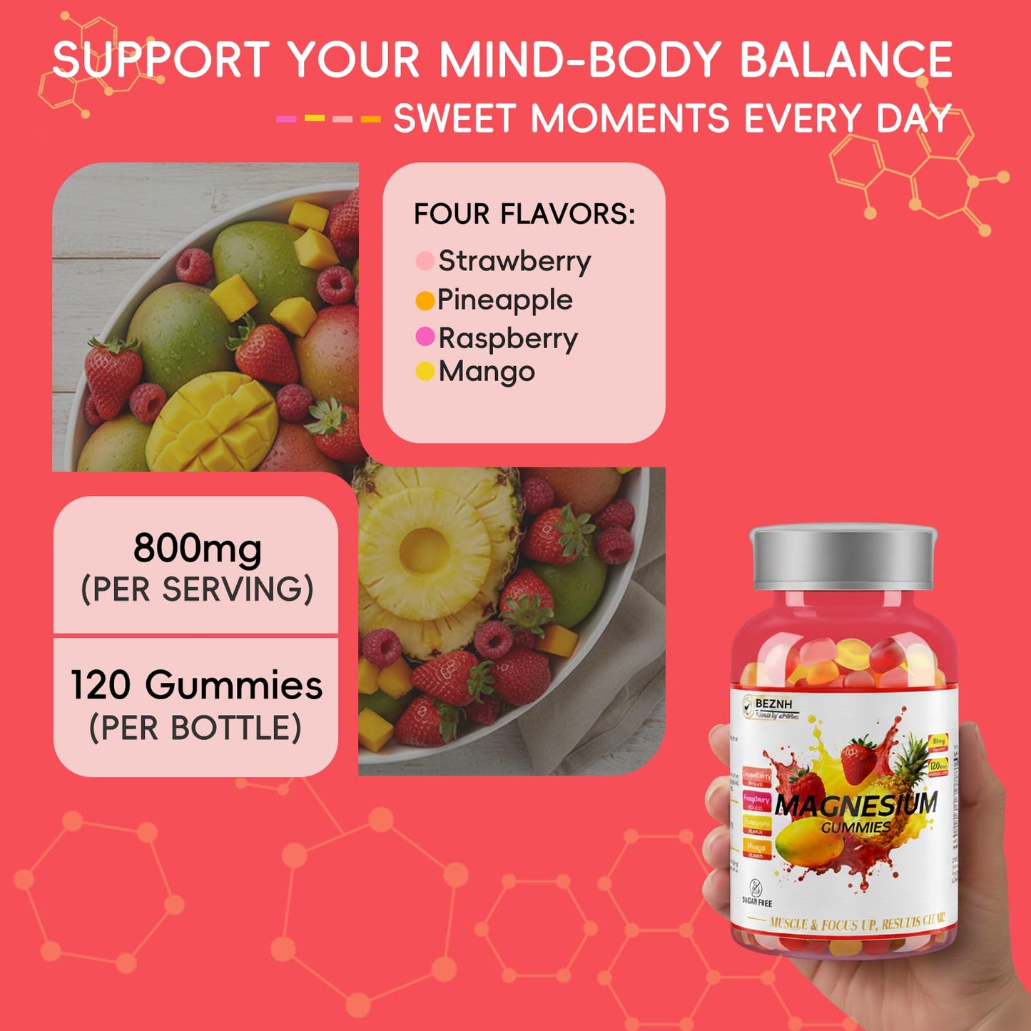 Beznh Magnesium Gummies 800mg per Bottle, 120 Gummies