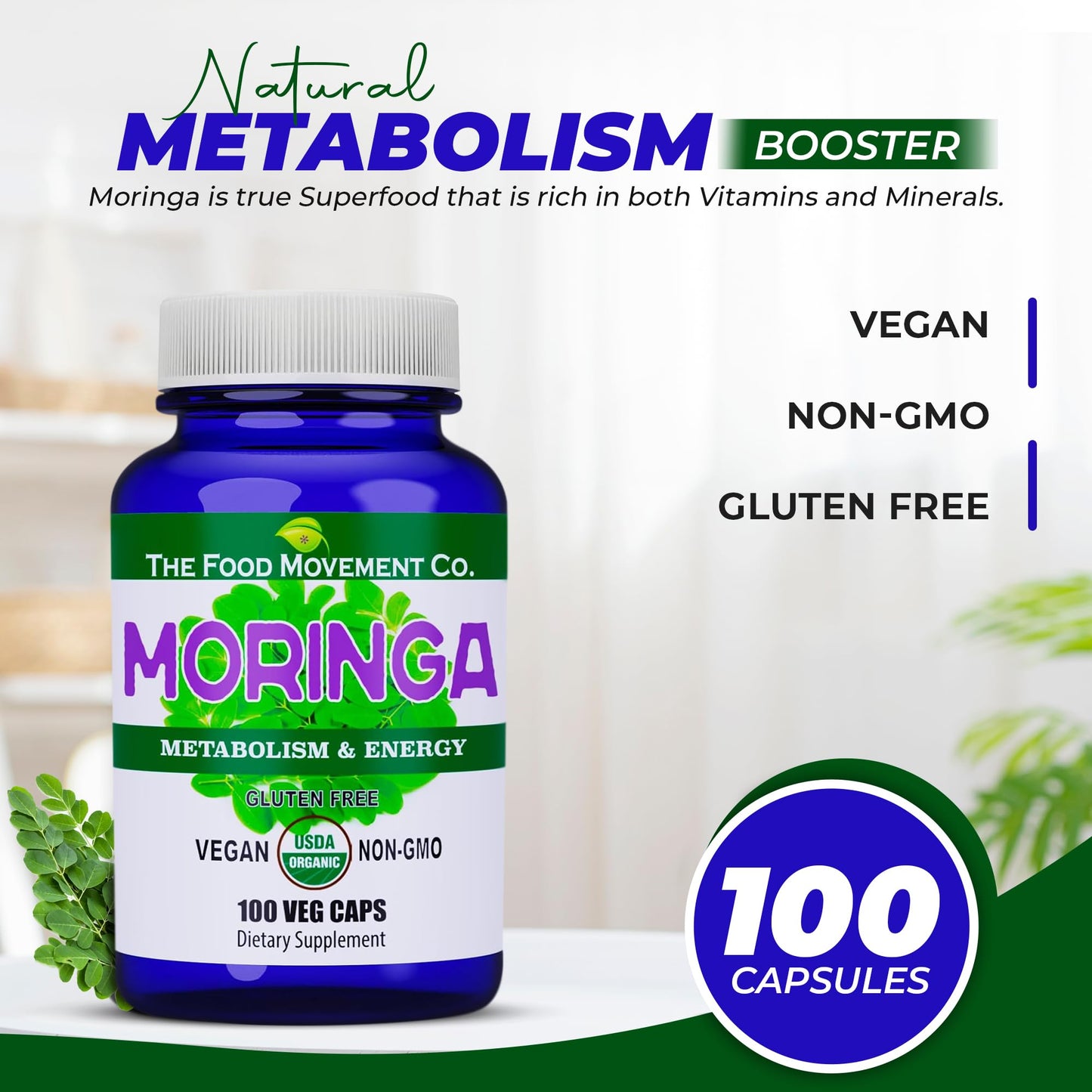 THE FOOD MOVEMENT CO. Moringa Capsule, 100 Count