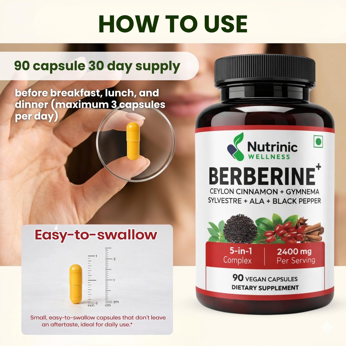 NUTRINIC WELLNESS Berberine 1500 mg – with ALA, Ceylon Cinnamon, Gymnema & Black Pepper Capsules, 90 Capsules