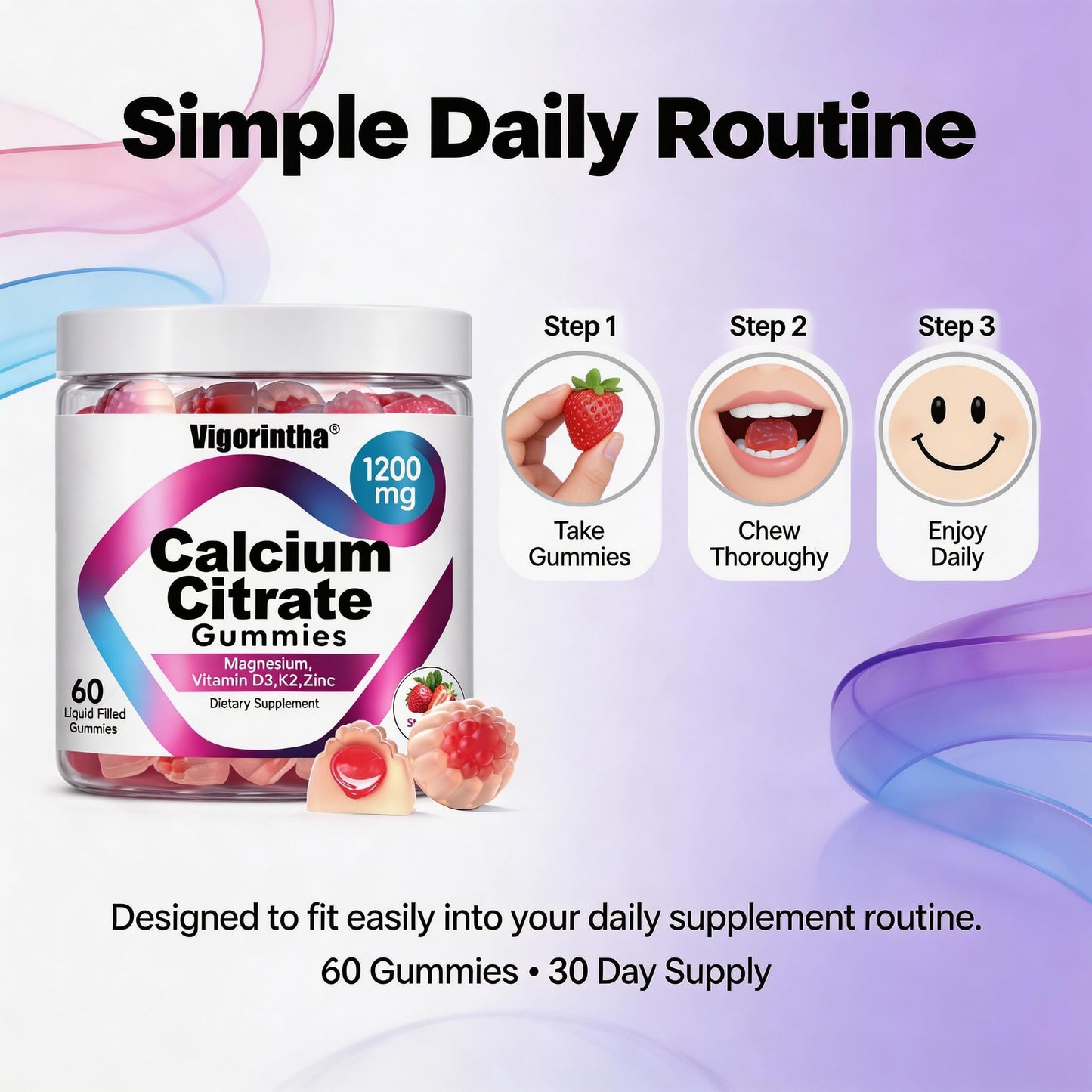 Vigorintha Calcium Citrate Gummies 1200mg with Magnesium, Vitamin D3, K2, Strawberry Flavor, 120 Gummies