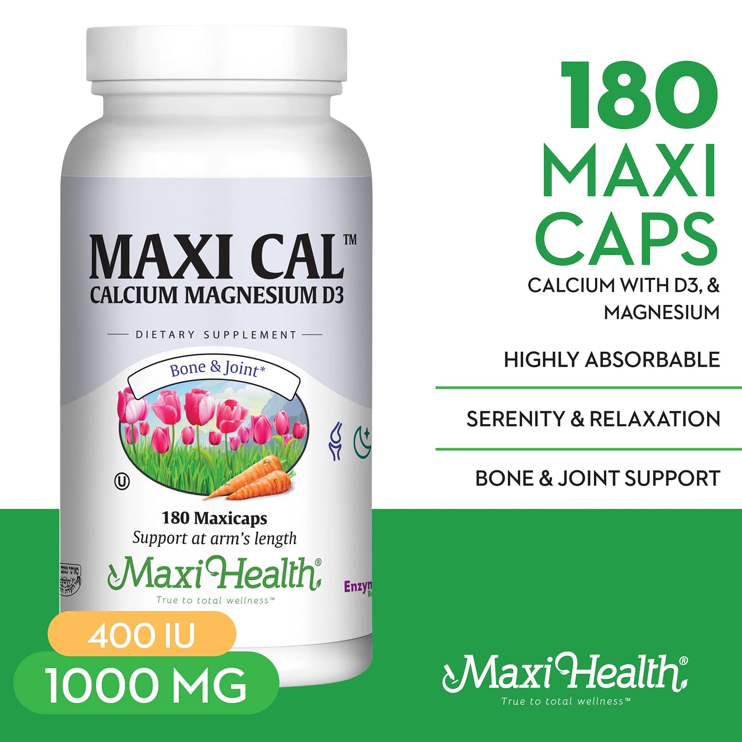Maxi Health Calcium 1000 mg Supplement with Vitamin D3 and Magnesium Capsules, 180 Count