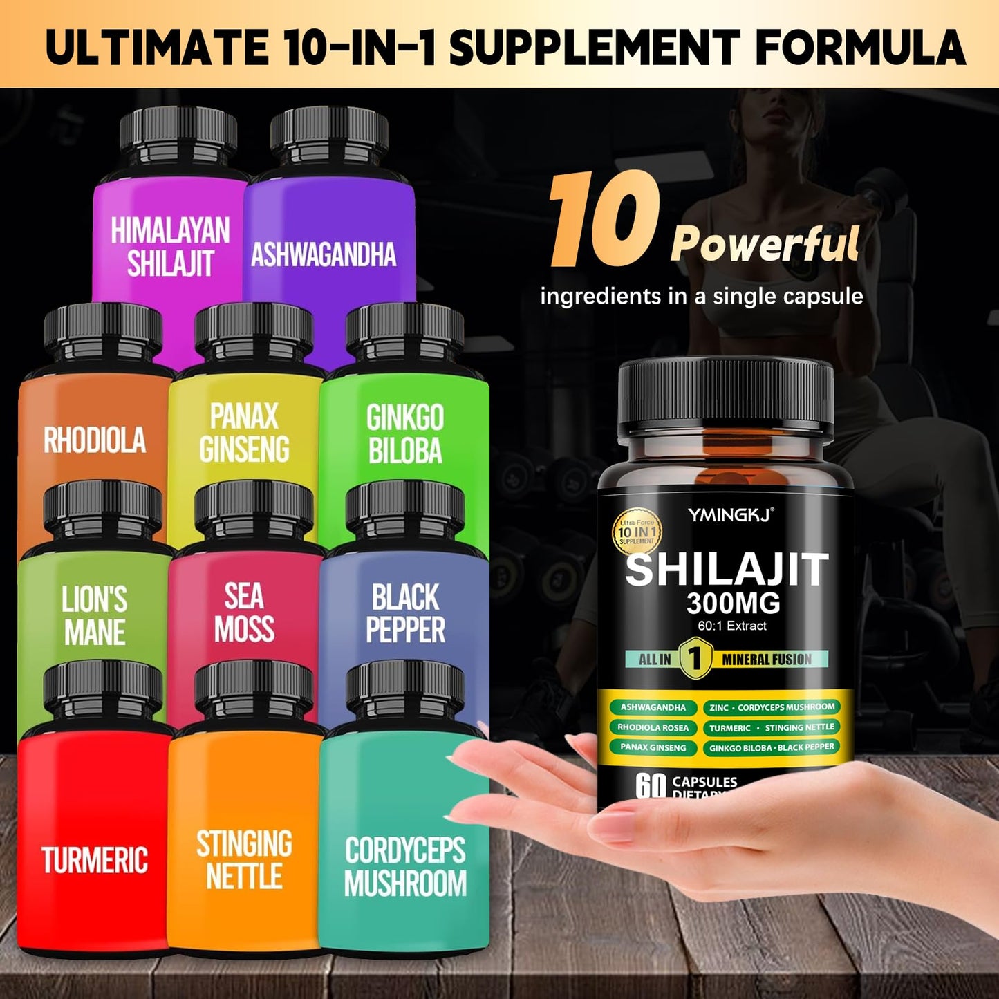 YMINGKJ Shilajit Capsules 10 in 1 Supplement with Ashwagandha, Rhodiola Rosea, Panax Ginseng, Cordyceps, Turmeric, Ginkgo, Fulvic Acid Trace Minerals Supplement for Men & Women, 120 Count