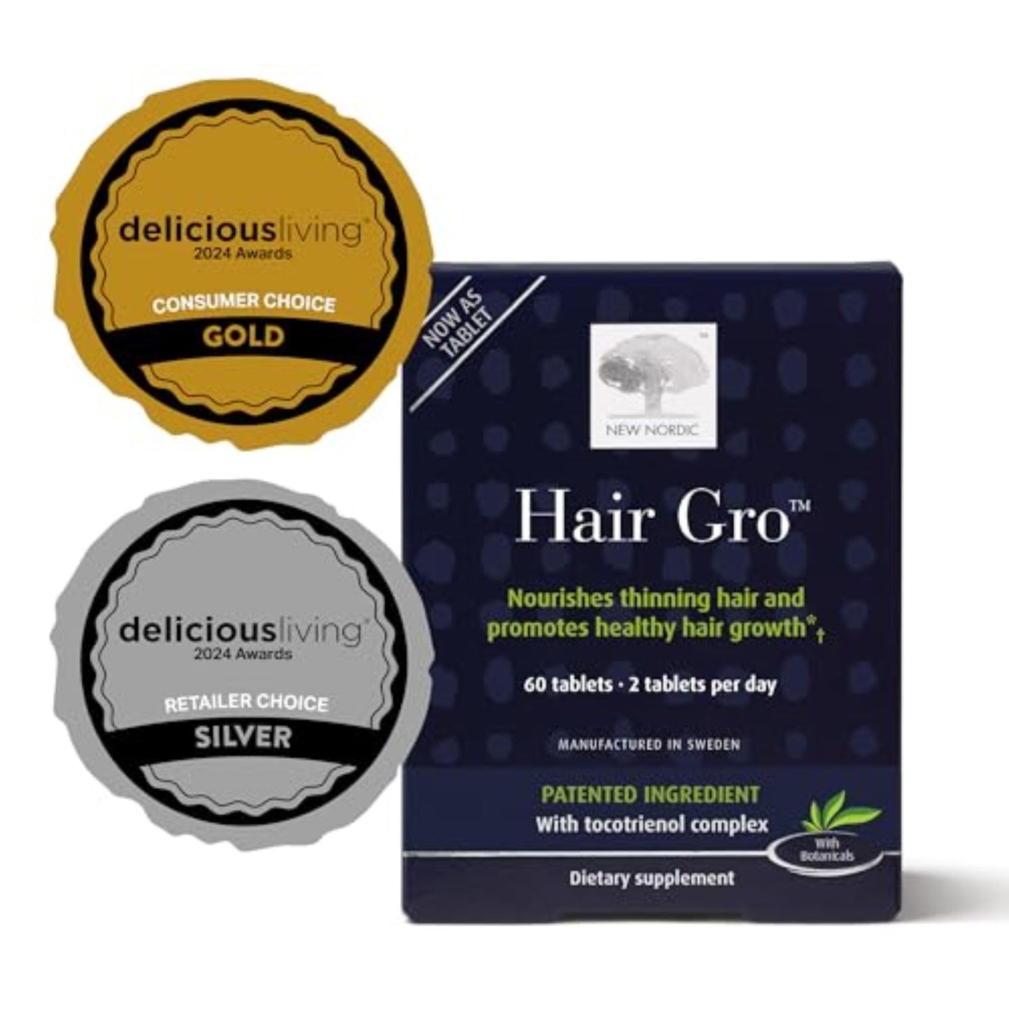 NEW NORDIC Hair GRO, Hair Growth Supplement, Biotin & Palm Fruit Extract Tocotrienols for Natural Regrowth, Tablet, 60 Count