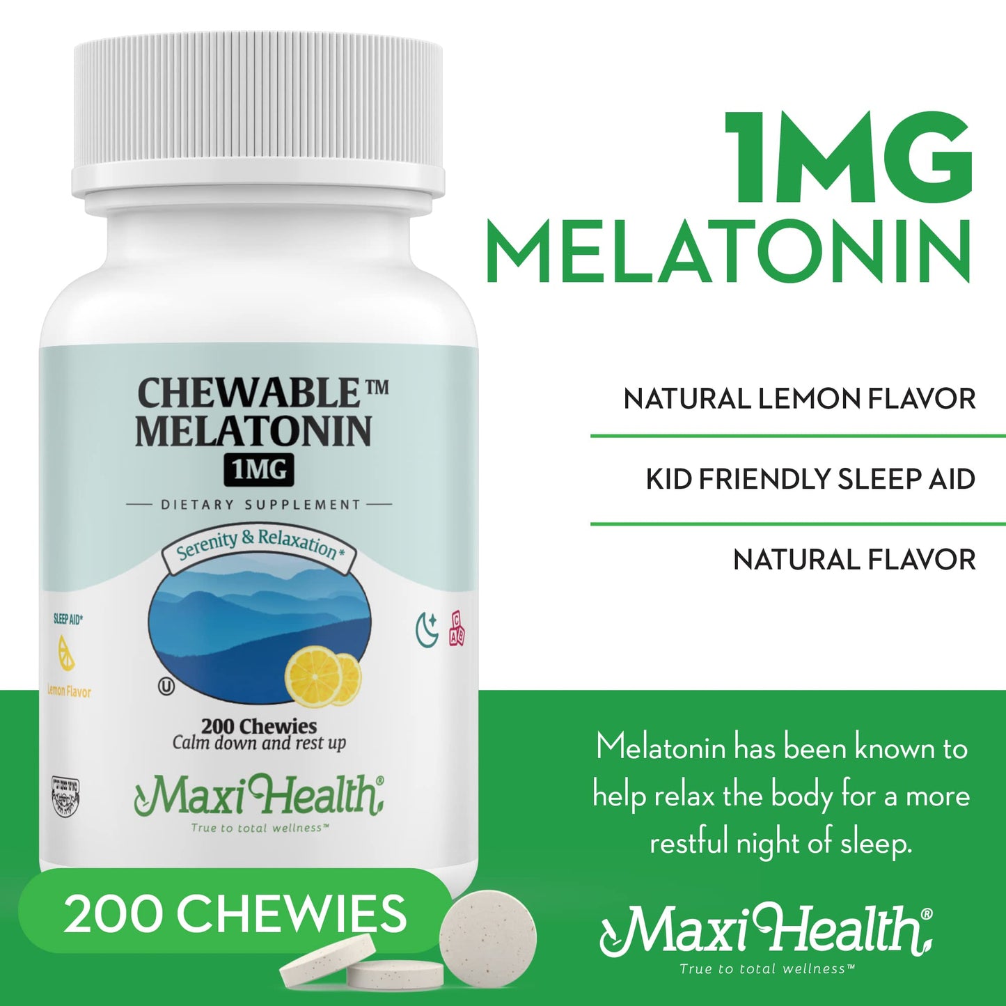 Maxi Health Melatonin 1mg Chewable Tablets 200 Count