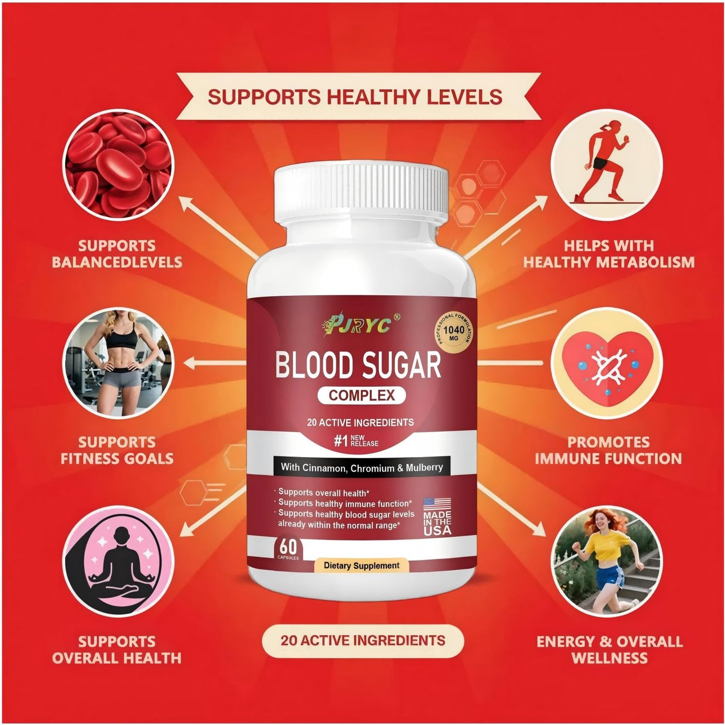 PJRYC Blood Sugar Complex Supplement 120 Capsules