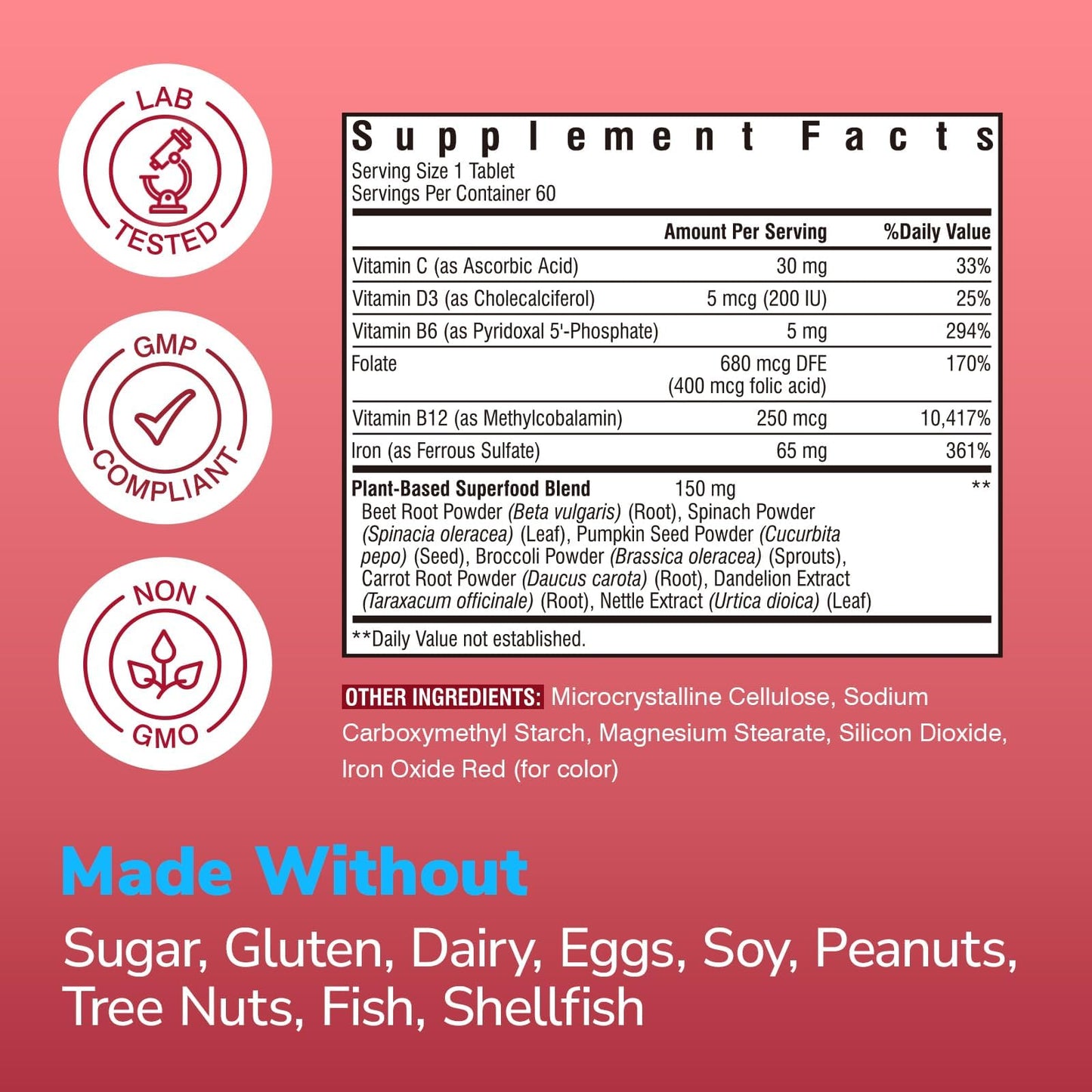 Vitalibre Iron Supplement for Women & Men 65 mg Ferrous Sulfate with Vitamin C, D3, B6, B12, Folate, Beet Root, Spinach, Pumpkin Seeds, Nettle for Red Blood Cell & Energy Production, 60 Tablets