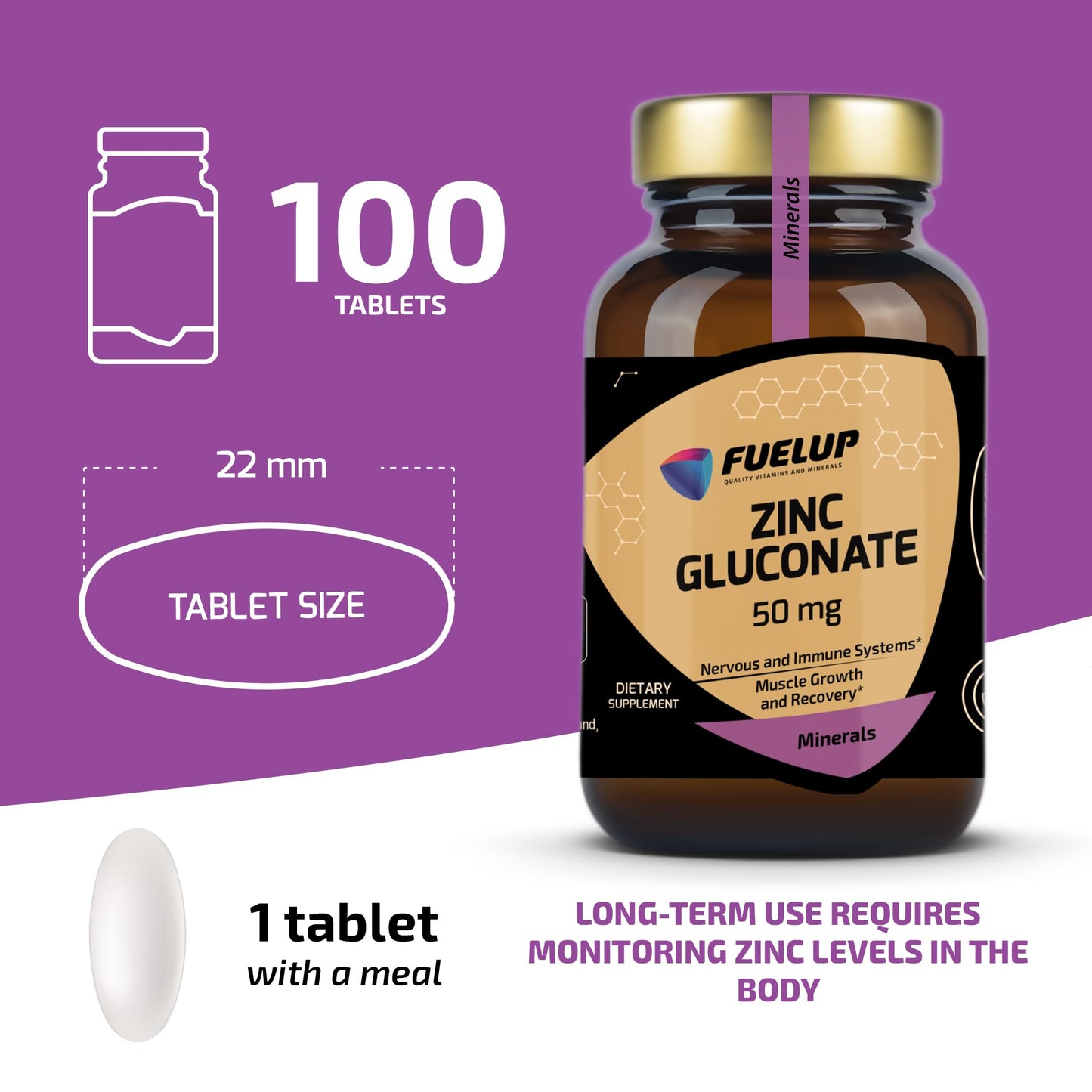 Fuelup Zinc Gluconate 50 mg Tablets 100 Count