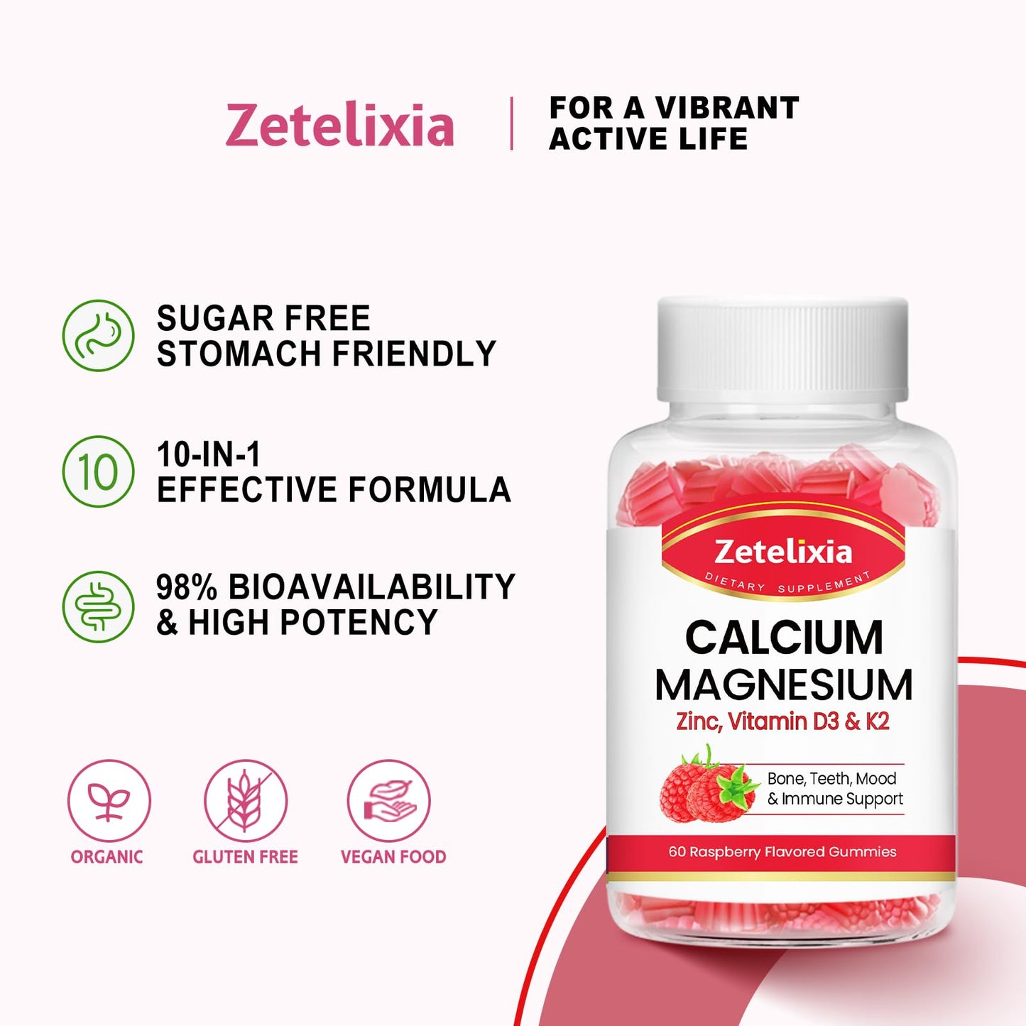 Zetelixia Calcium Magnesium Zinc Gummies with Vitamin D3 & K2, Raspberry Flavor, 60 Count