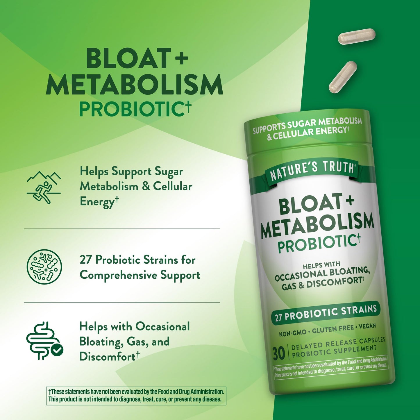 Nature's Truth Bloat & Metabolism Probiotic Capsules 30 Count