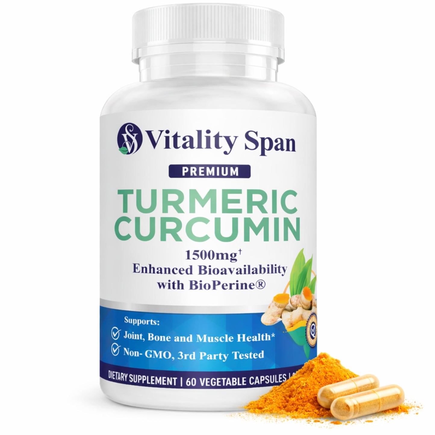 Vitality Span Turmeric Curcumin Supplement 1500mg with 95% Curcuminoids and BioPerine, 60 Veg Capsules