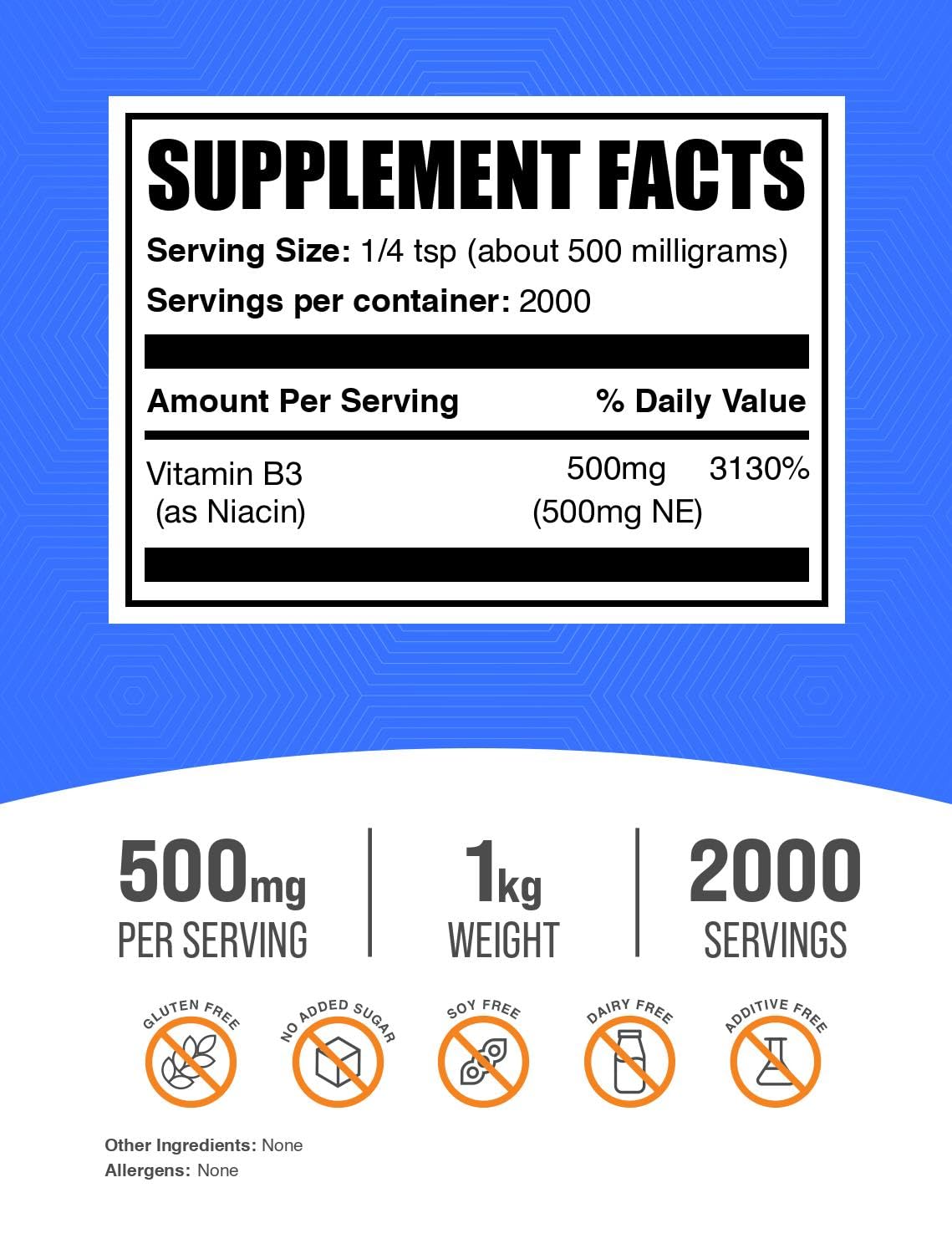 BulkSupplements Niacin Powder - Vitamin B3 Supplement, Gluten Free - 500mg per Serving - 1kg (35.27 oz)