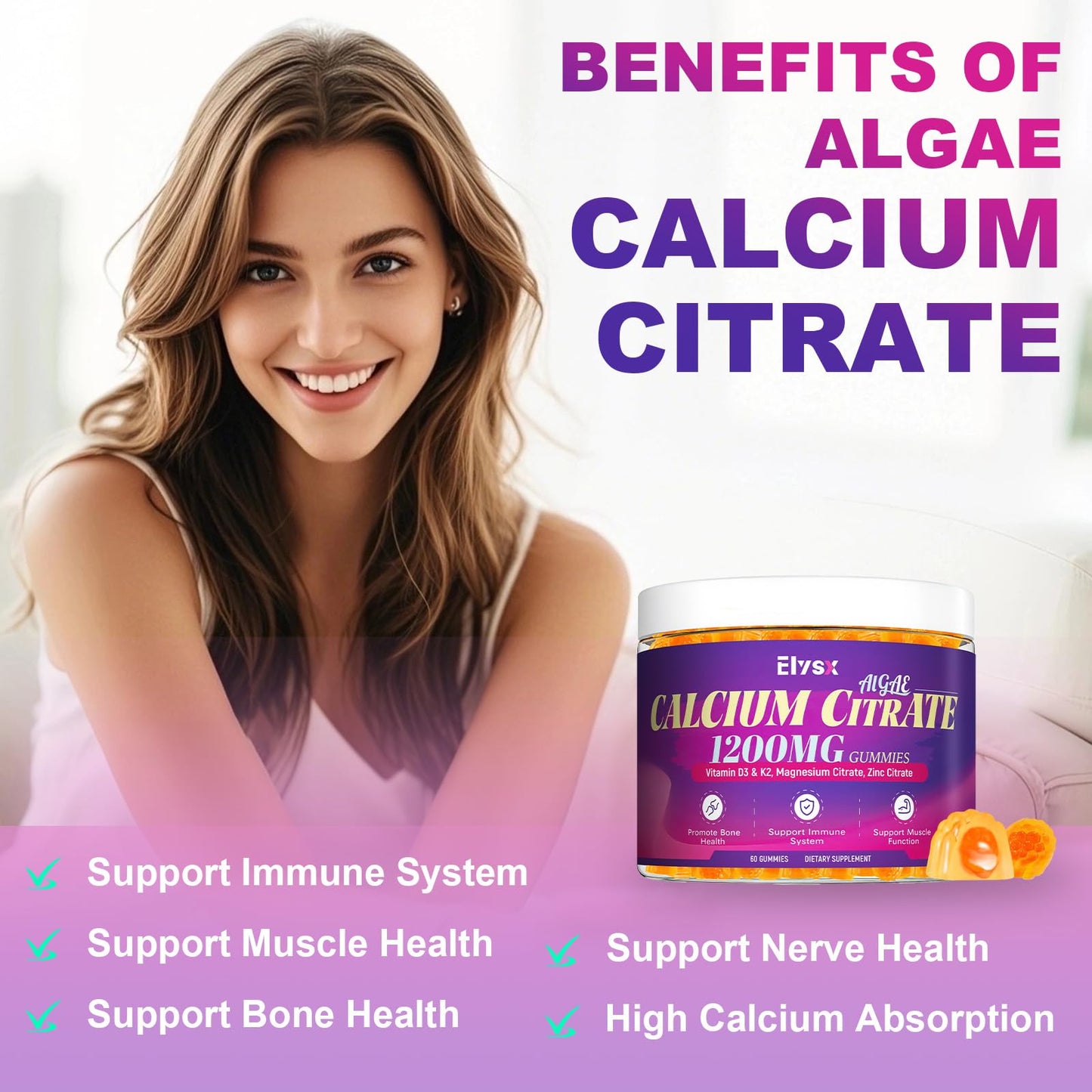 Elysx Calcium Citrate 1200mg with Vitamin D3 Gummies, 60 Count