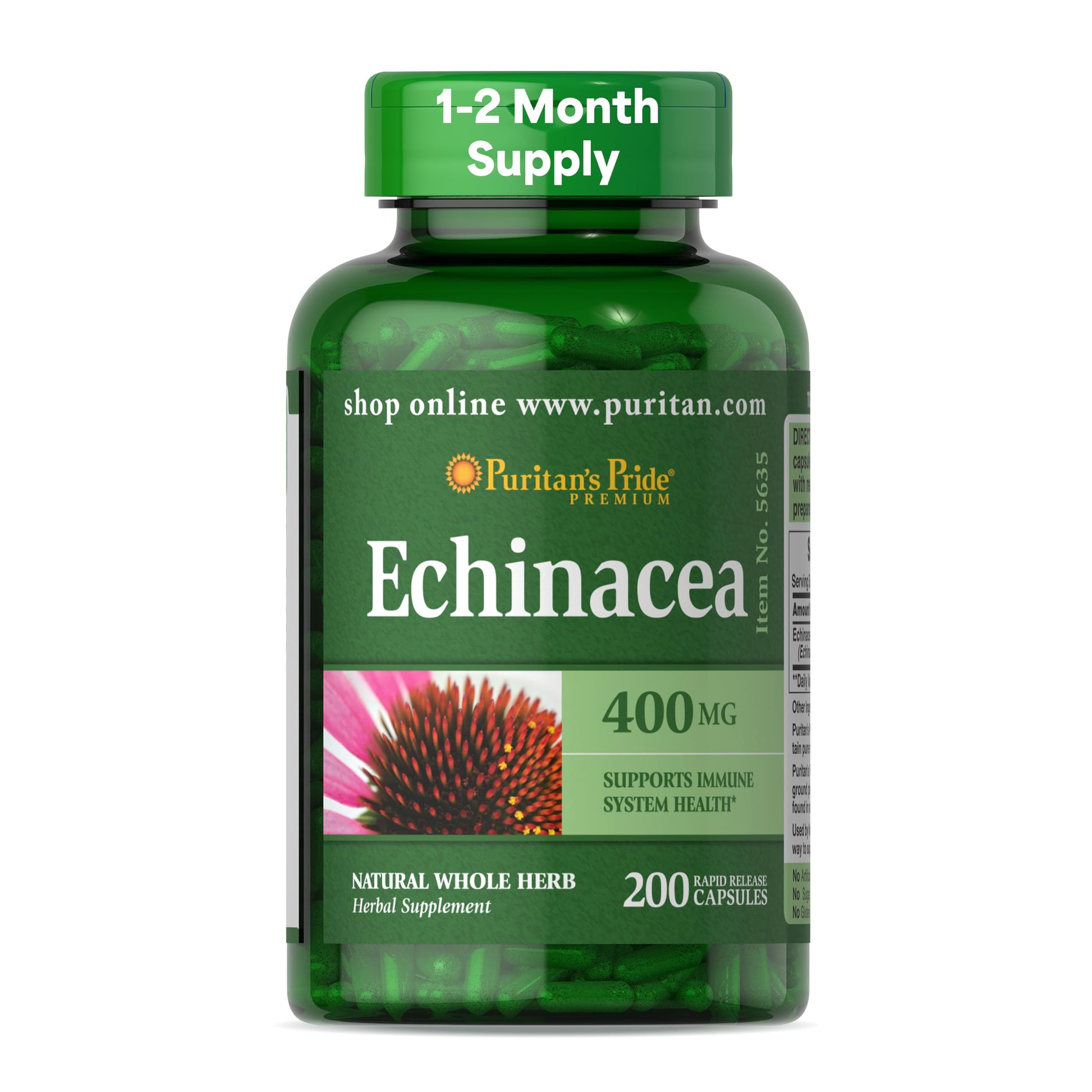 Puritan's Pride Premium Echinacea Natural Whole Herb Herbal Supplement 400mg 200 Capsules