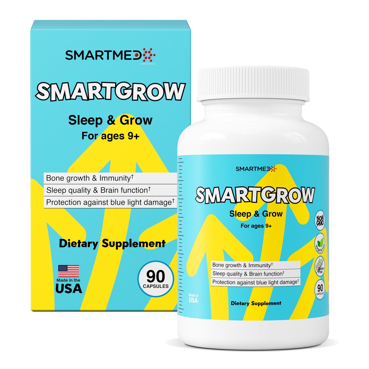 SMARTMED SmartGrow Premium Growth Formula for Teens – Bone, Brain, Sleep & Eye Support – Calcium, Vitamin D3, Amino Acids + Herbal Blend – Daily Wellness Supplement, 90 Capsules