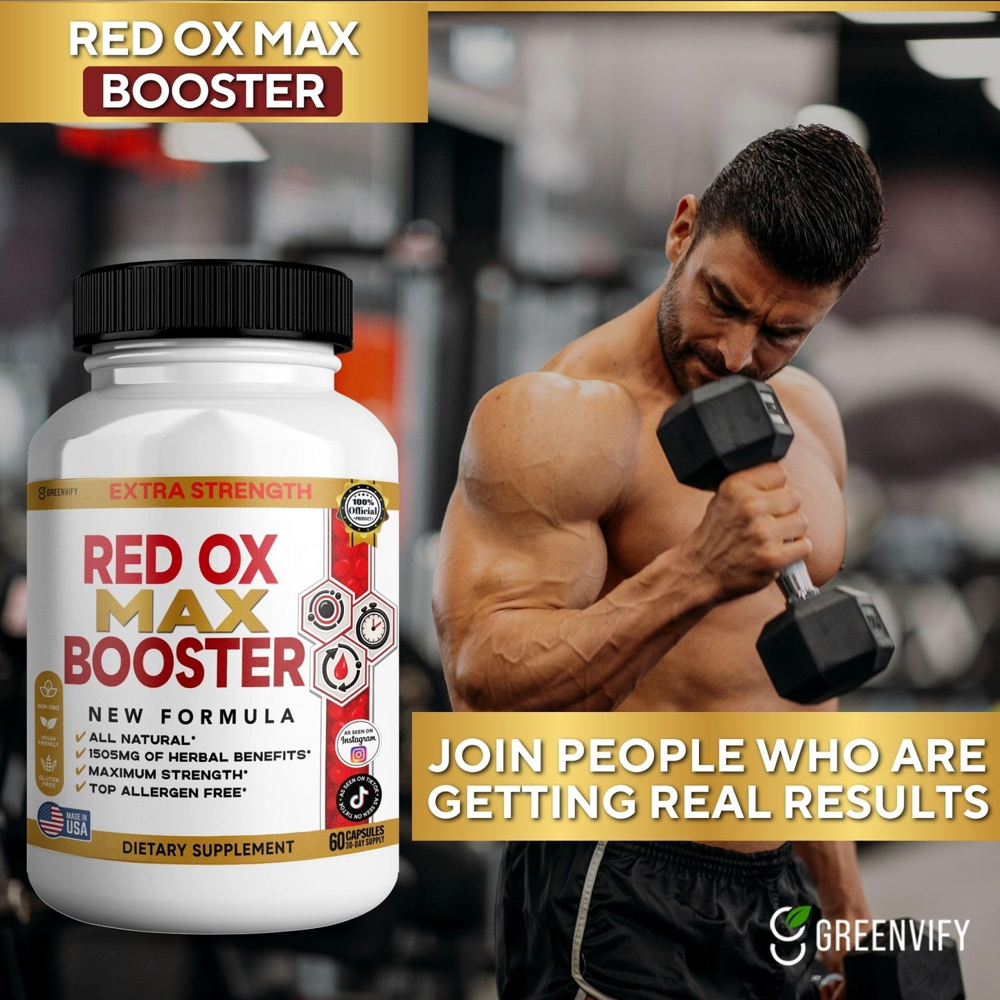 GREENVIFY Red Ox Max Booster Dietary Supplement Organic Maca Root, 60 Capsules