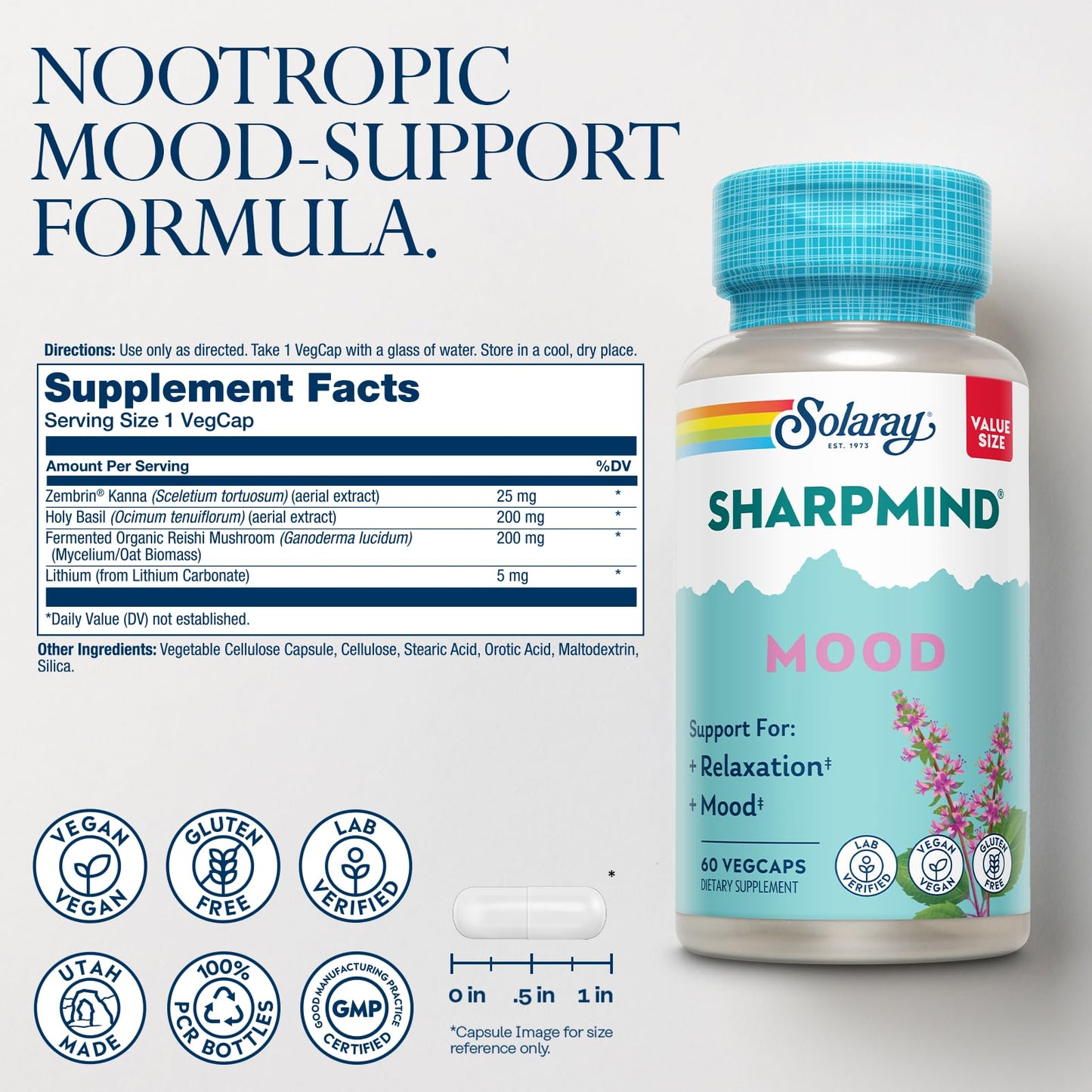 SOLARAY SharpMind Mood Support Supplement Capsules, 60 Count