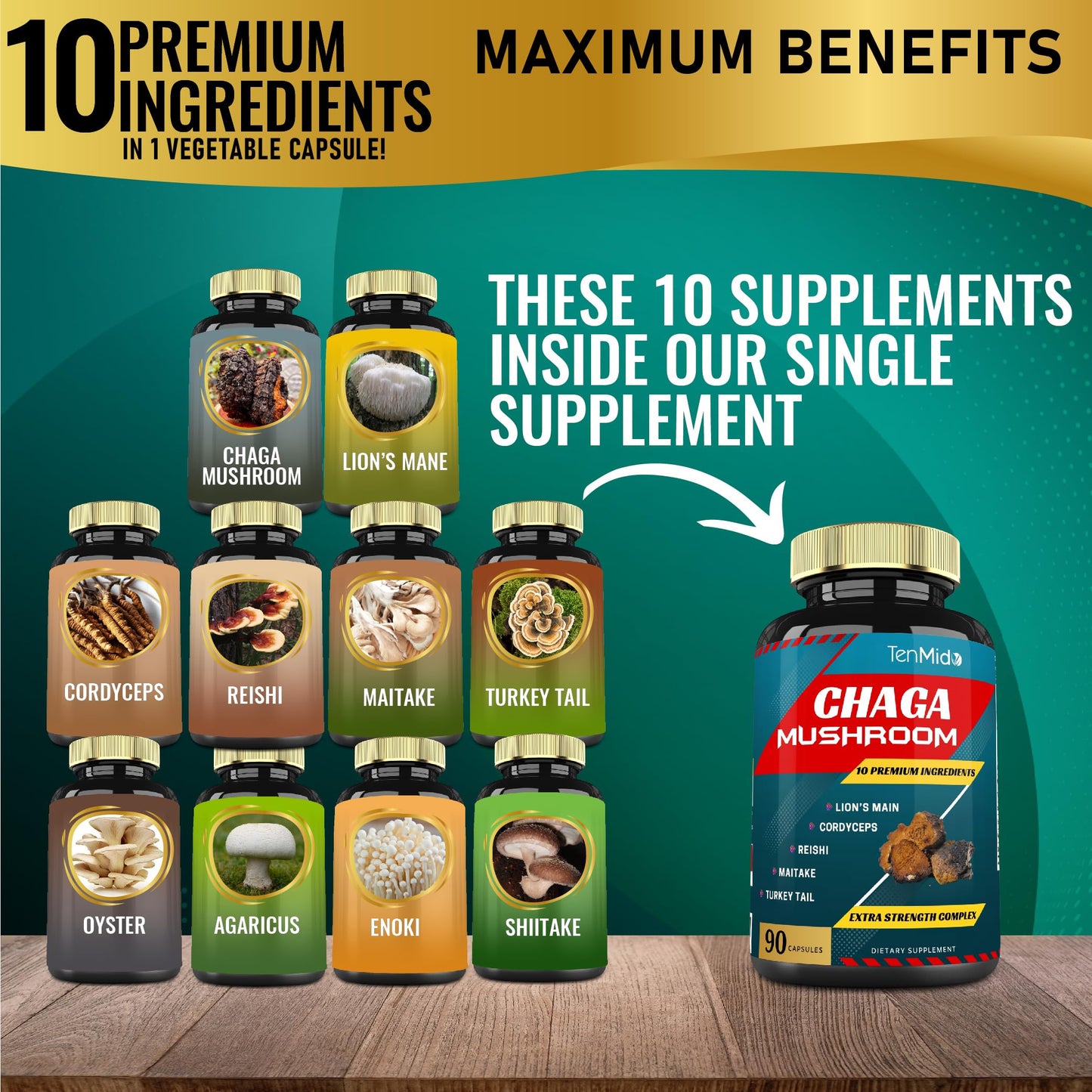 Tenmido Chaga Mushroom Extract Capsules with Lions Mane, Cordyceps and More, 90 Count