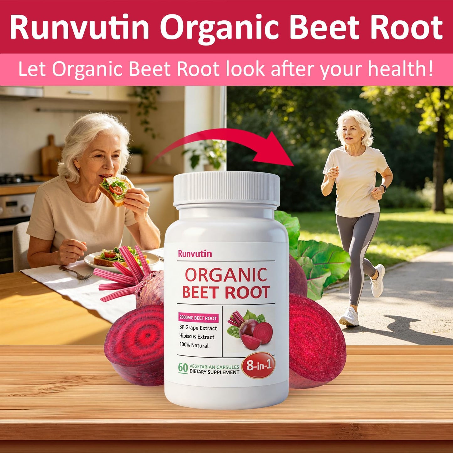 Runvutin Organic Beet Root Capsules 2000mg Beet Root Powder, Blood Pressure & Nitric Oxide Support, Digestive Health, 120 Capsules