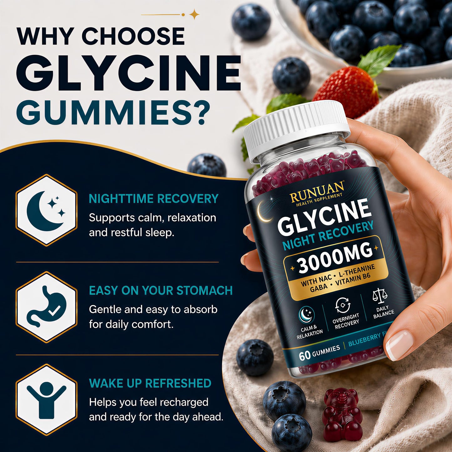 RUNUAN Glycine Sleep Support Gummies 3000mg with NAC, L-Theanine, GABA & B6, 60 Count