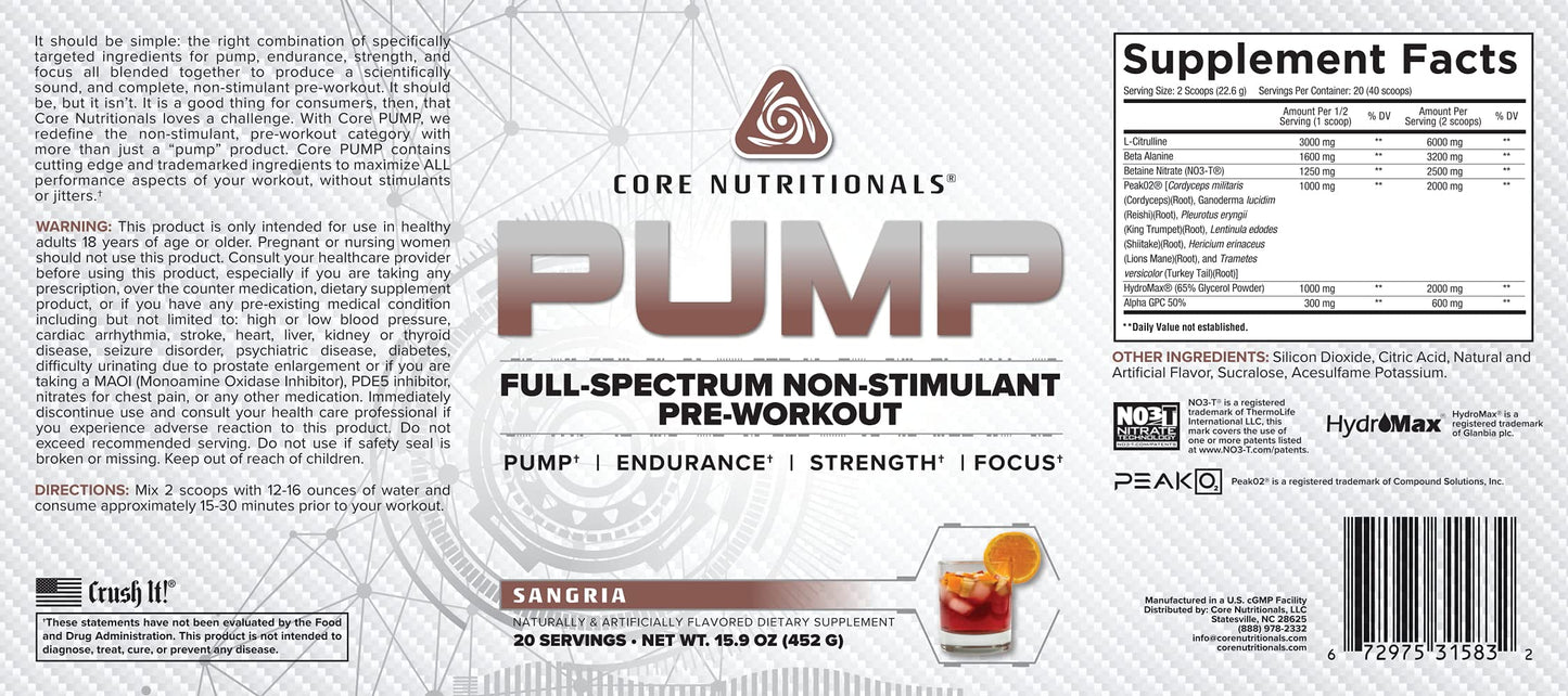Core Nutritionals Pump Full-Spectrum Non-Stimulant Pre-Workout Powder with N03T Nitrate, Peak02, Alpha GPC, 16.4 oz