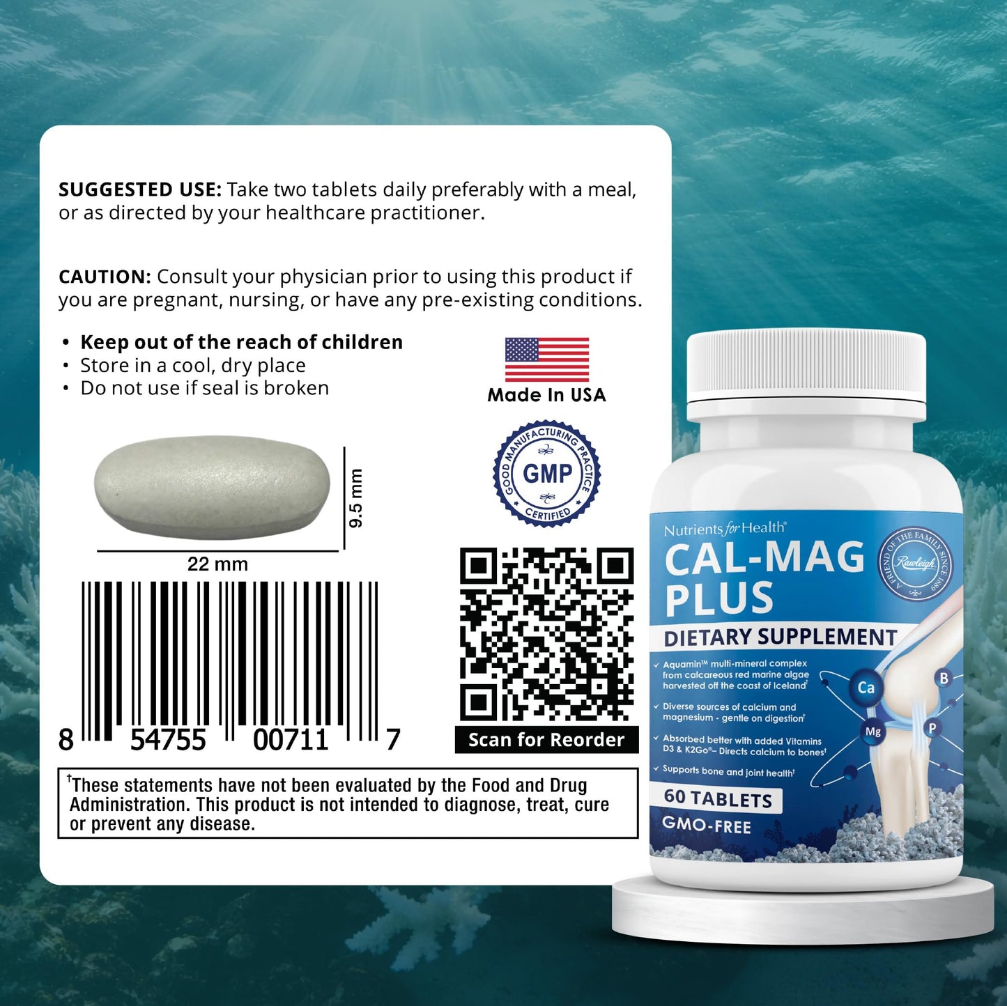 Rawleigh Calcium Magnesium with Aquamin Marine Algae Caplets 60 Count