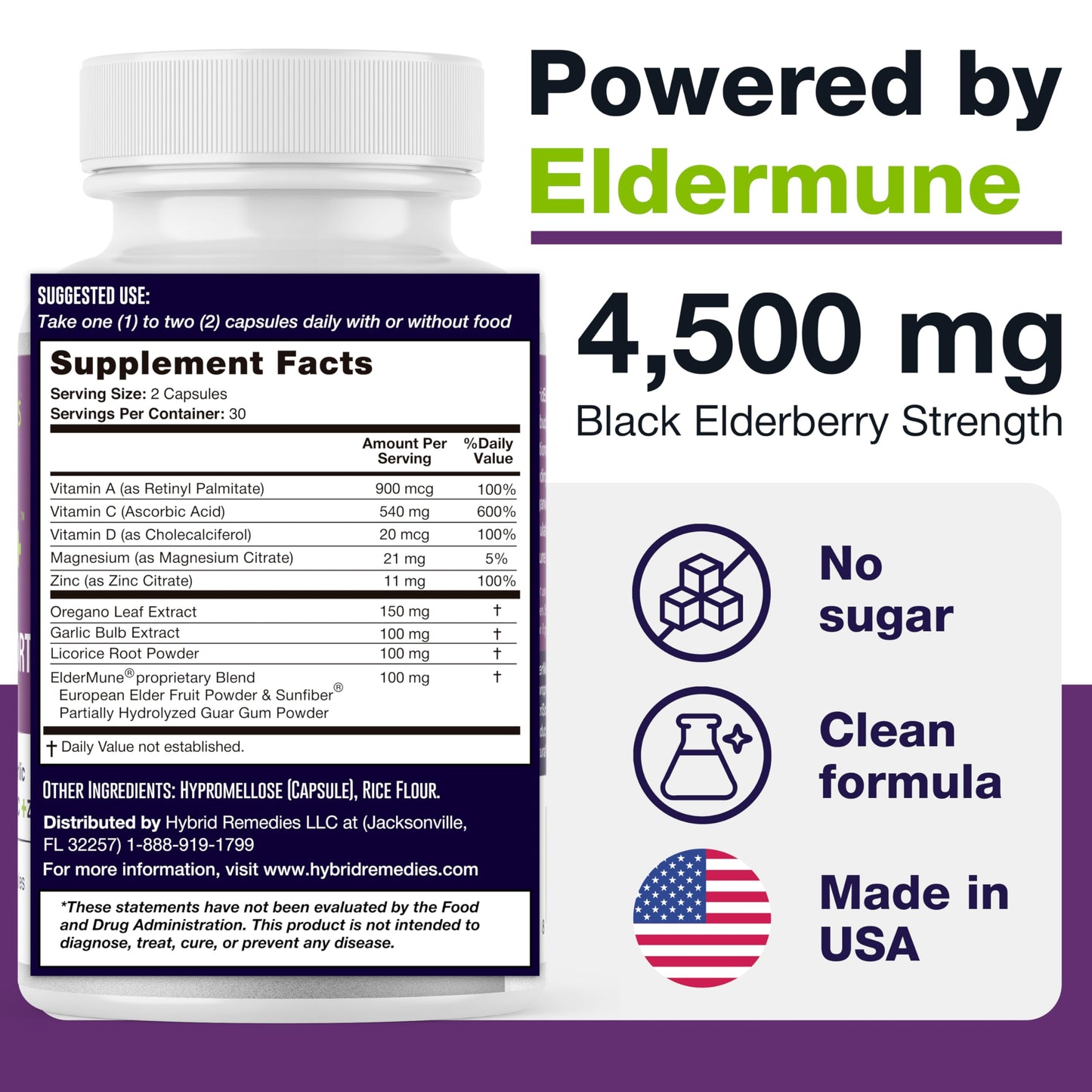 Hybrid EB Sambucus Elderberry Immune Support with Vitamin C, Zinc, Vitamin D3 60 Capsules