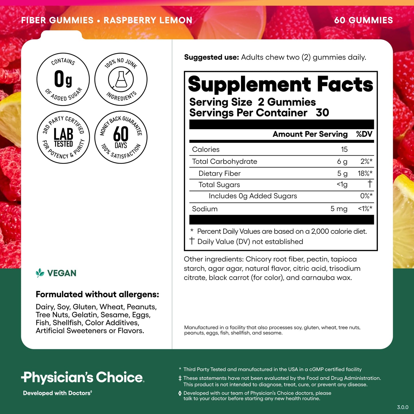 Physician's CHOICE Fiber Gummies for GLP-1 Support - No Sugar Added & Vegan - Raspberry Lemon - Natural Chicory Root Prebiotic Fiber Gummy - Digestive Health & Regularity for Women & Men, 60 Gummies