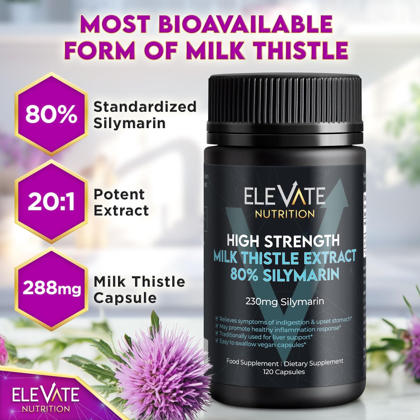 ELEVATE NUTRITION Milk Thistle 288 mg (80% Silymarin), Capsule, 120 Vegan Capsules